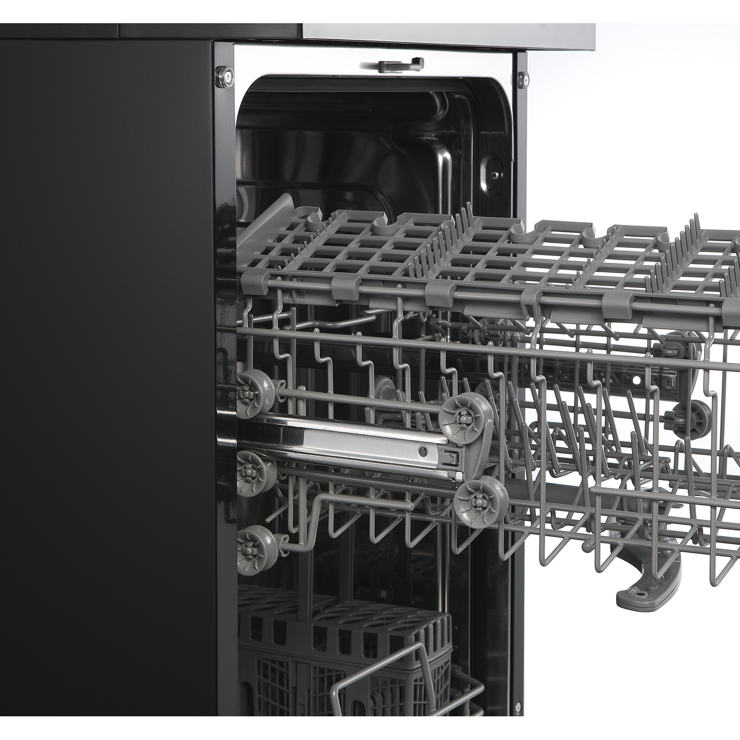 Open dishwasher with extended cutlery basket and gray dish rack.