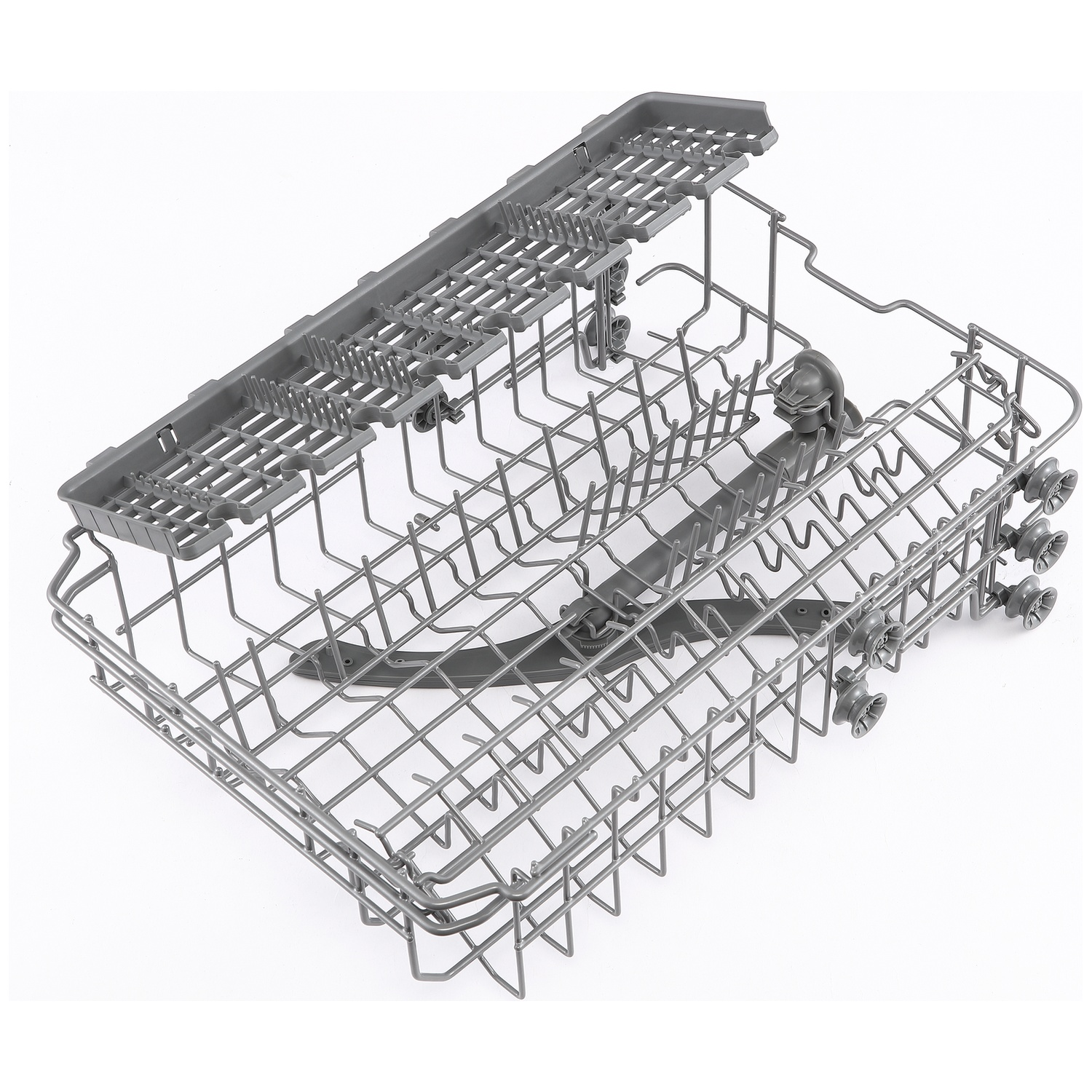 Gray dishwasher rack with plastic handles and wheels, on a white background.