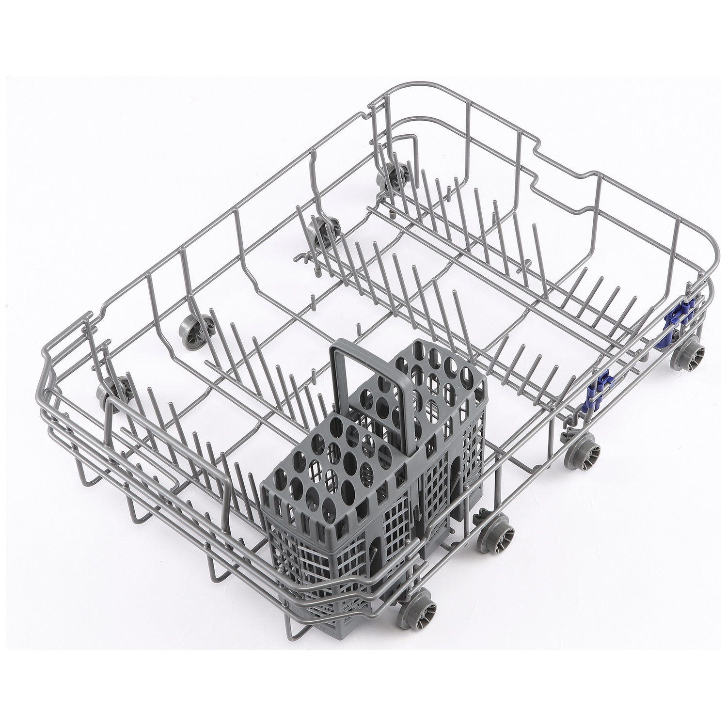 An empty upper dishwasher rack with a cutlery basket on a white background.