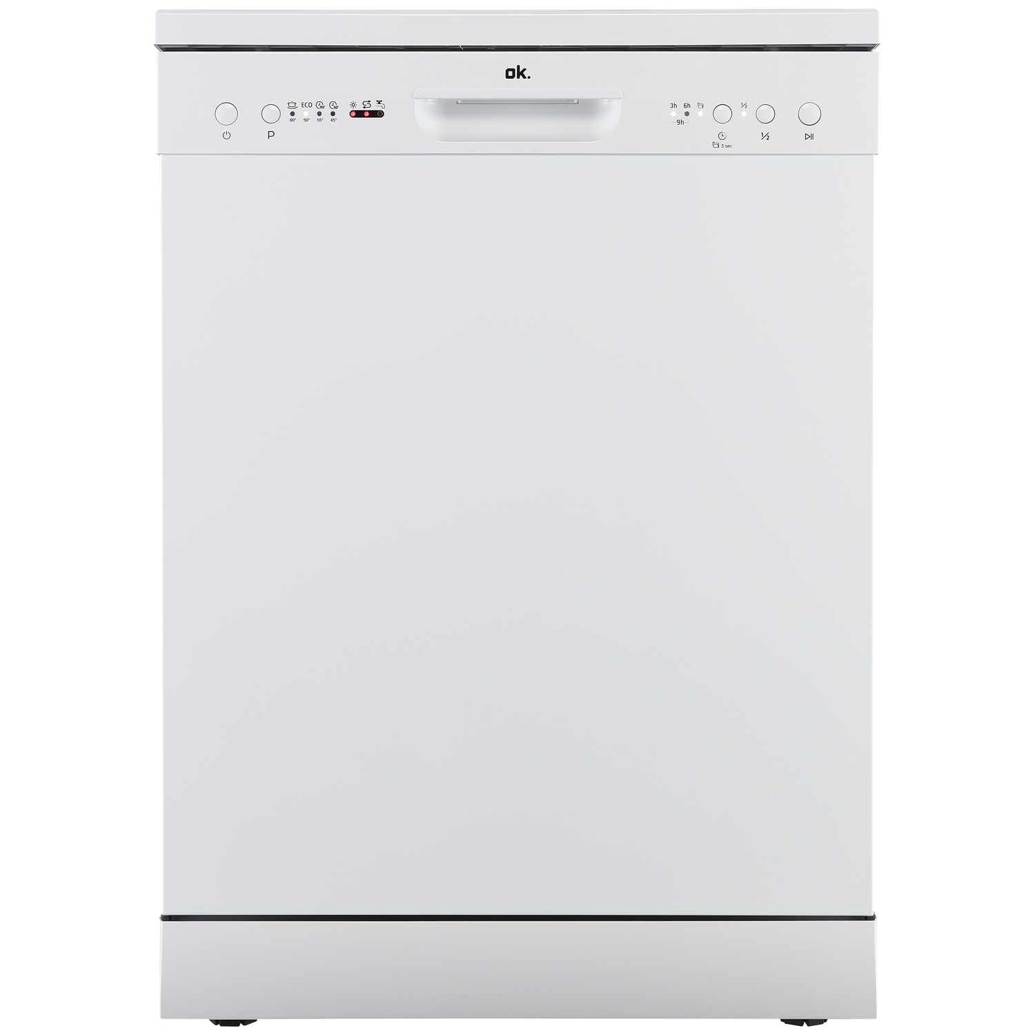 A white dishwasher with a control panel and symbols.