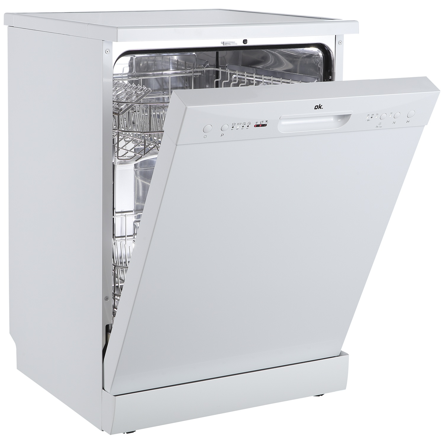 A white dishwasher with its door open, revealing clean racks inside.