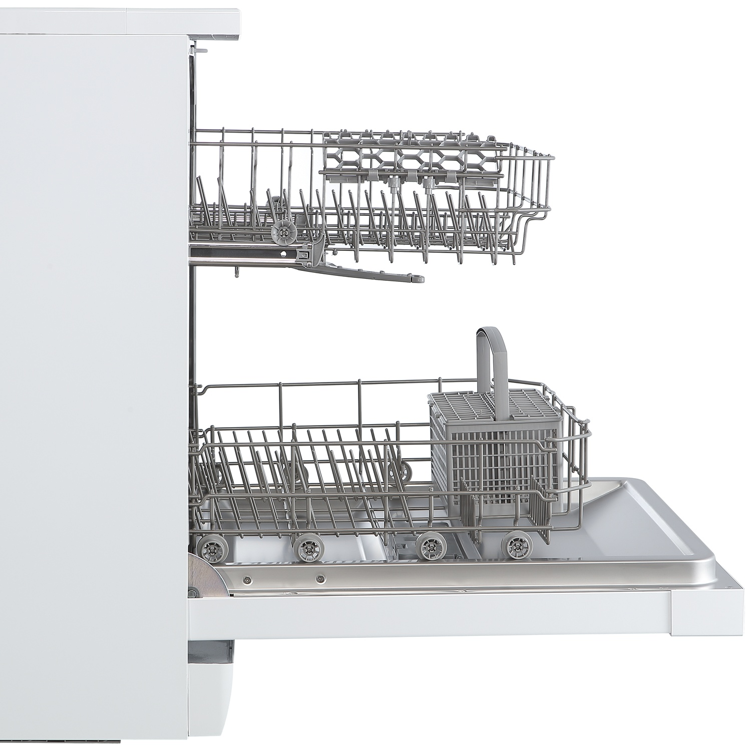 A white dishwasher with its racks extended, showing storage for dishes.
