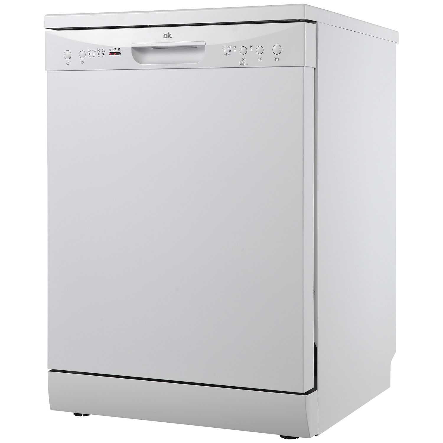 A white dishwasher with a control panel and handle.