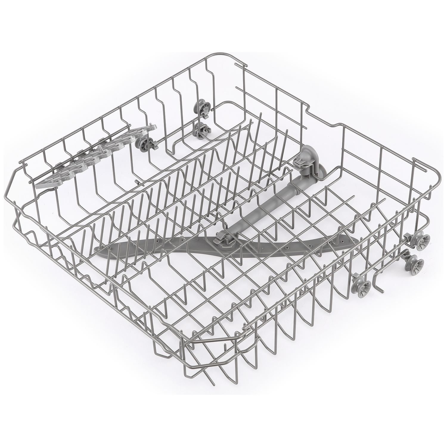 Dishwasher upper rack made of metal with gray wheels and spray arm.