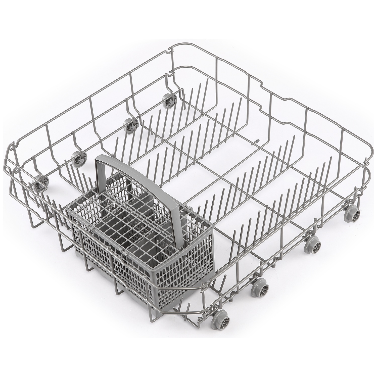 An empty, gray metal dishwasher basket with a removable cutlery basket.