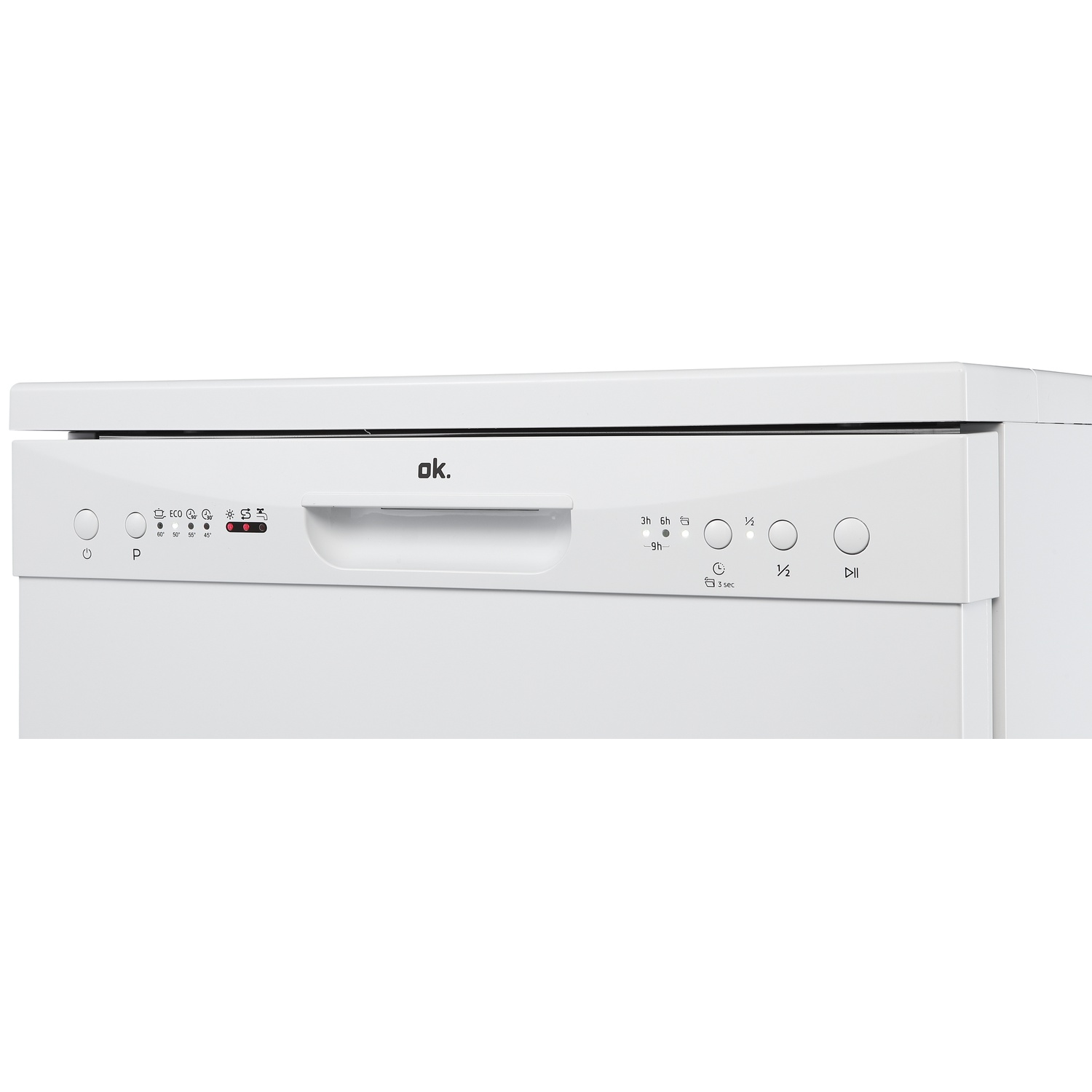White dishwasher with control panel and symbols, OK brand.