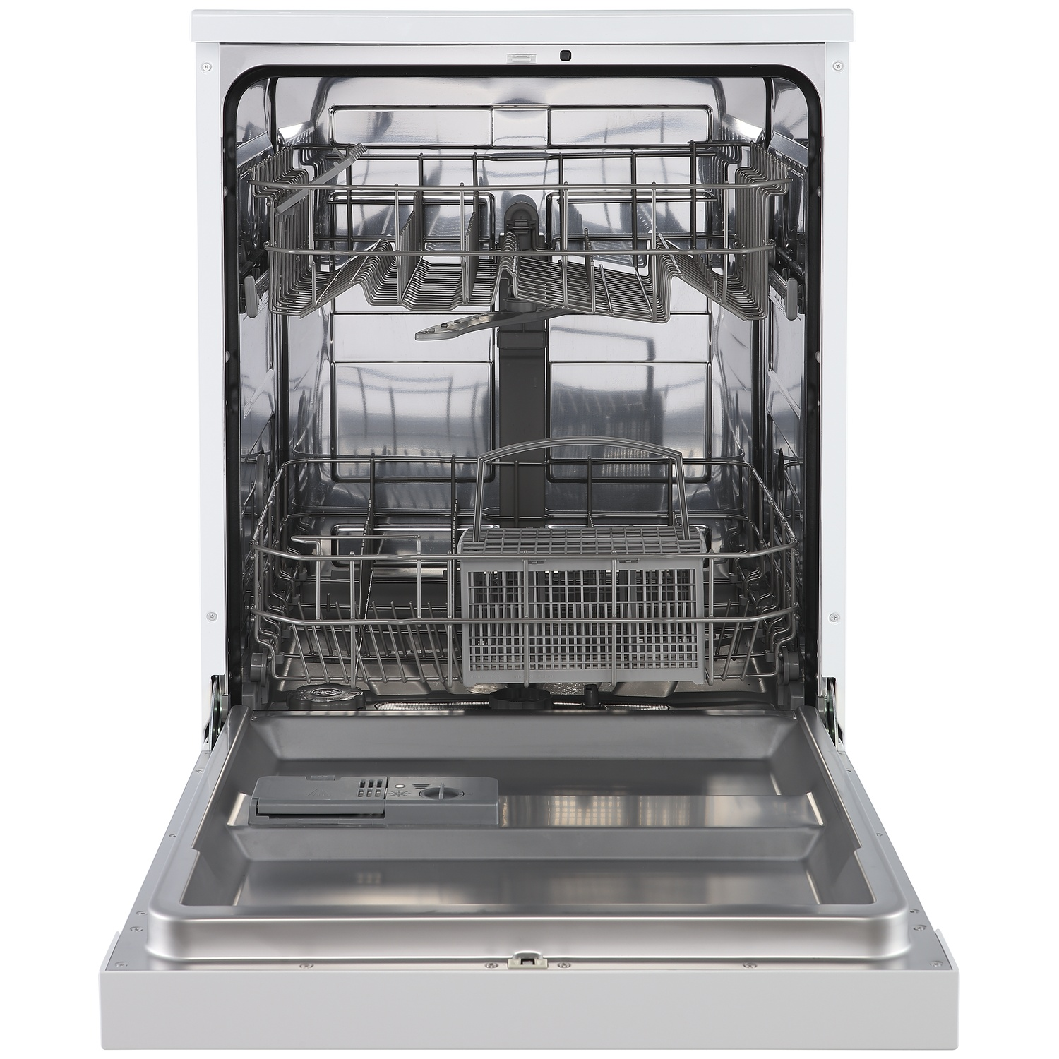 An open white dishwasher showing two racks and a cutlery basket on the lower rack.