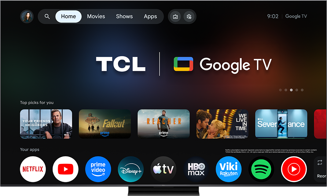 TCL Google TV Startbildschirm mit Apps wie Netflix, Prime Video, Disney+, Apple TV, HBO Max, Viki, Spotify.