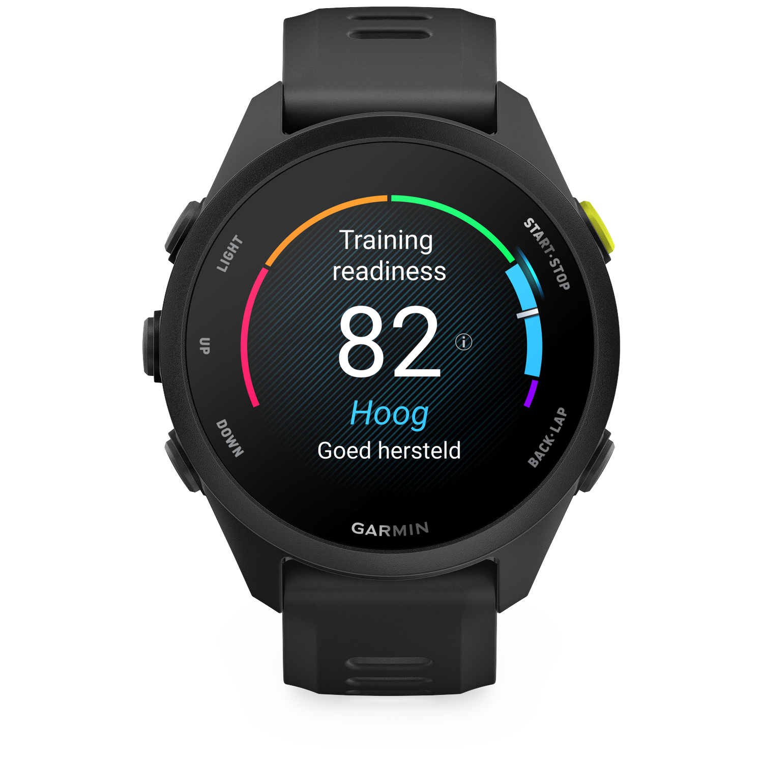 Black smartwatch displays training readiness score of 82, High, Well recovered.
