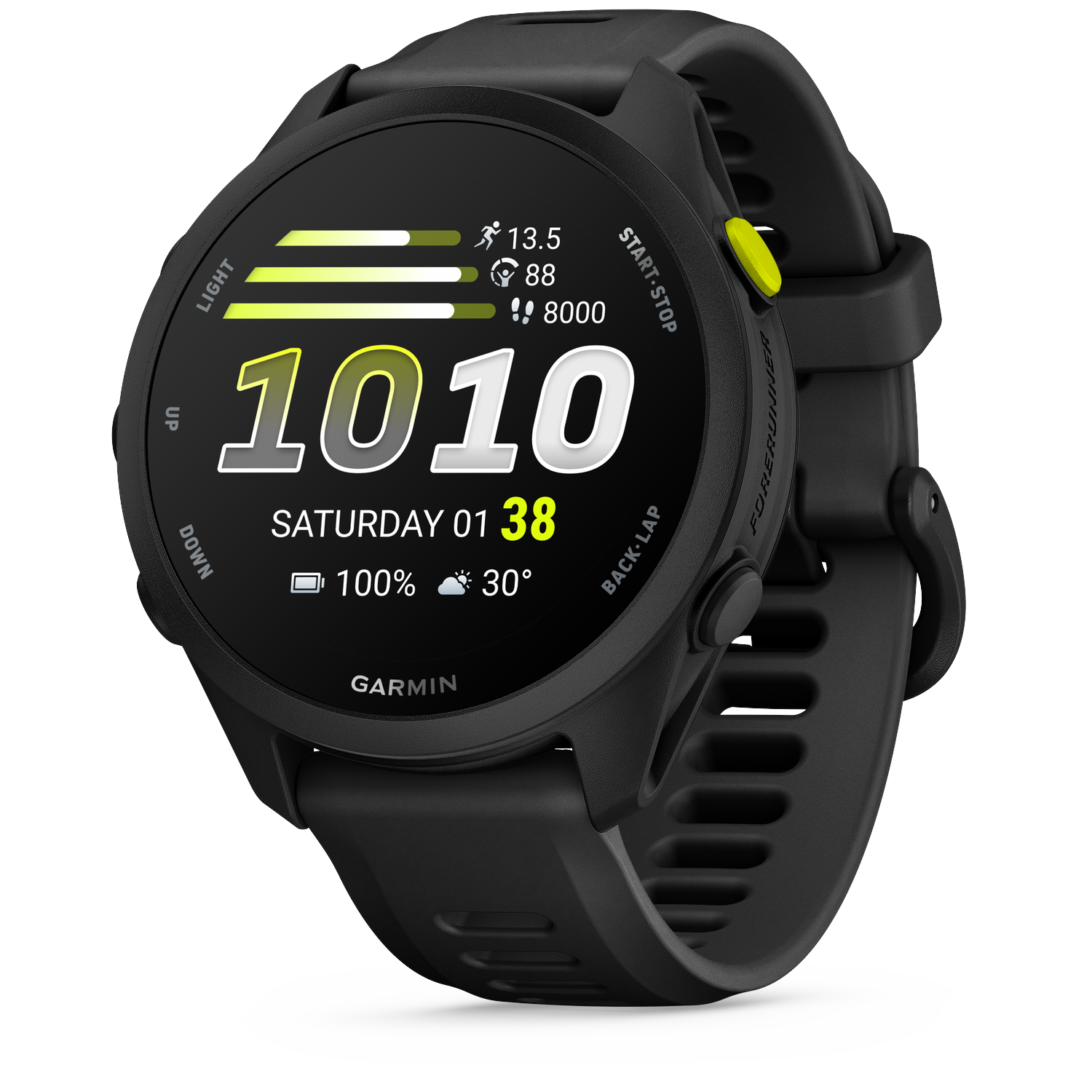 Black Garmin Forerunner smartwatch displaying various data on its screen.