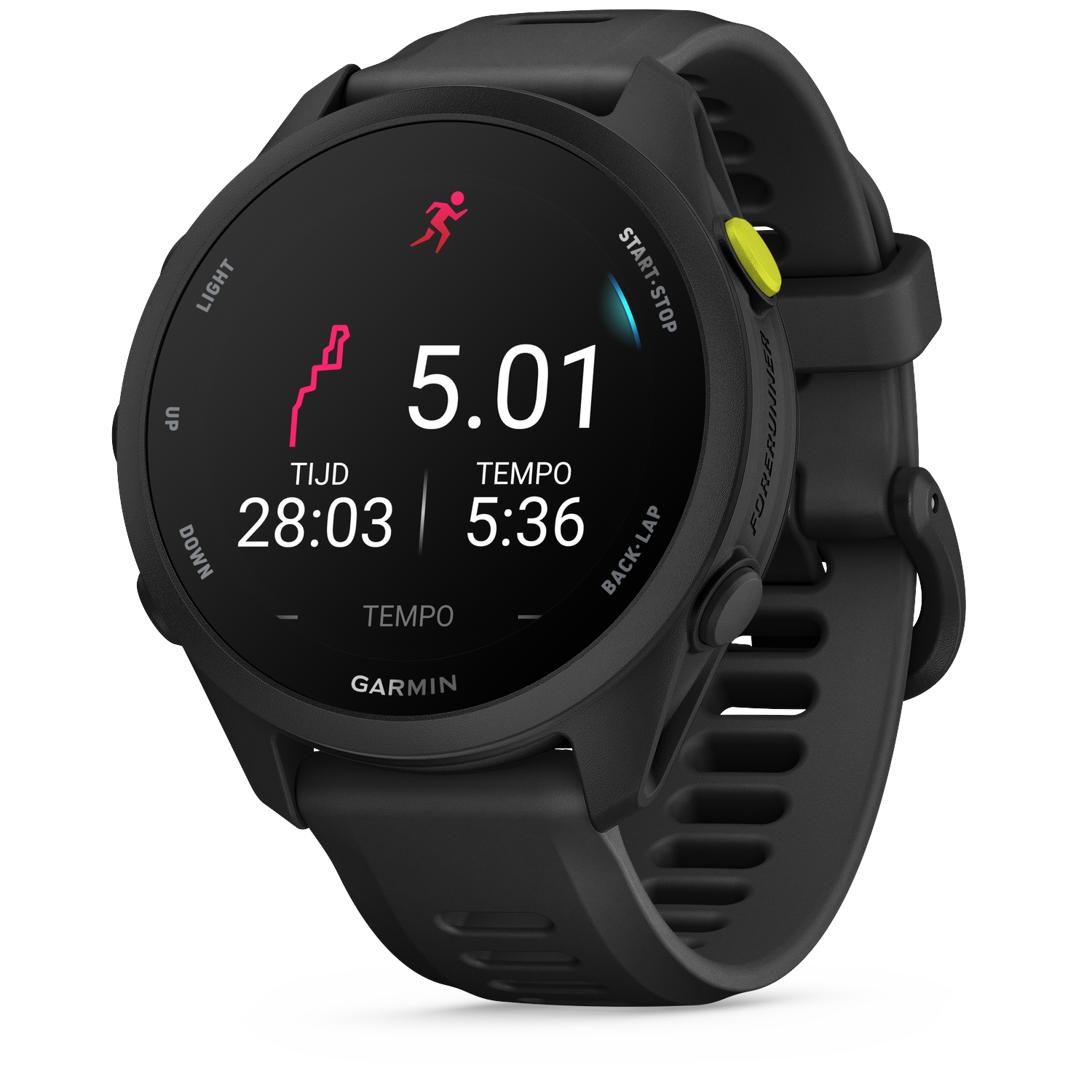 A black Garmin Forerunner smartwatch displaying running stats. Time: 28:03, Tempo: 5:36.