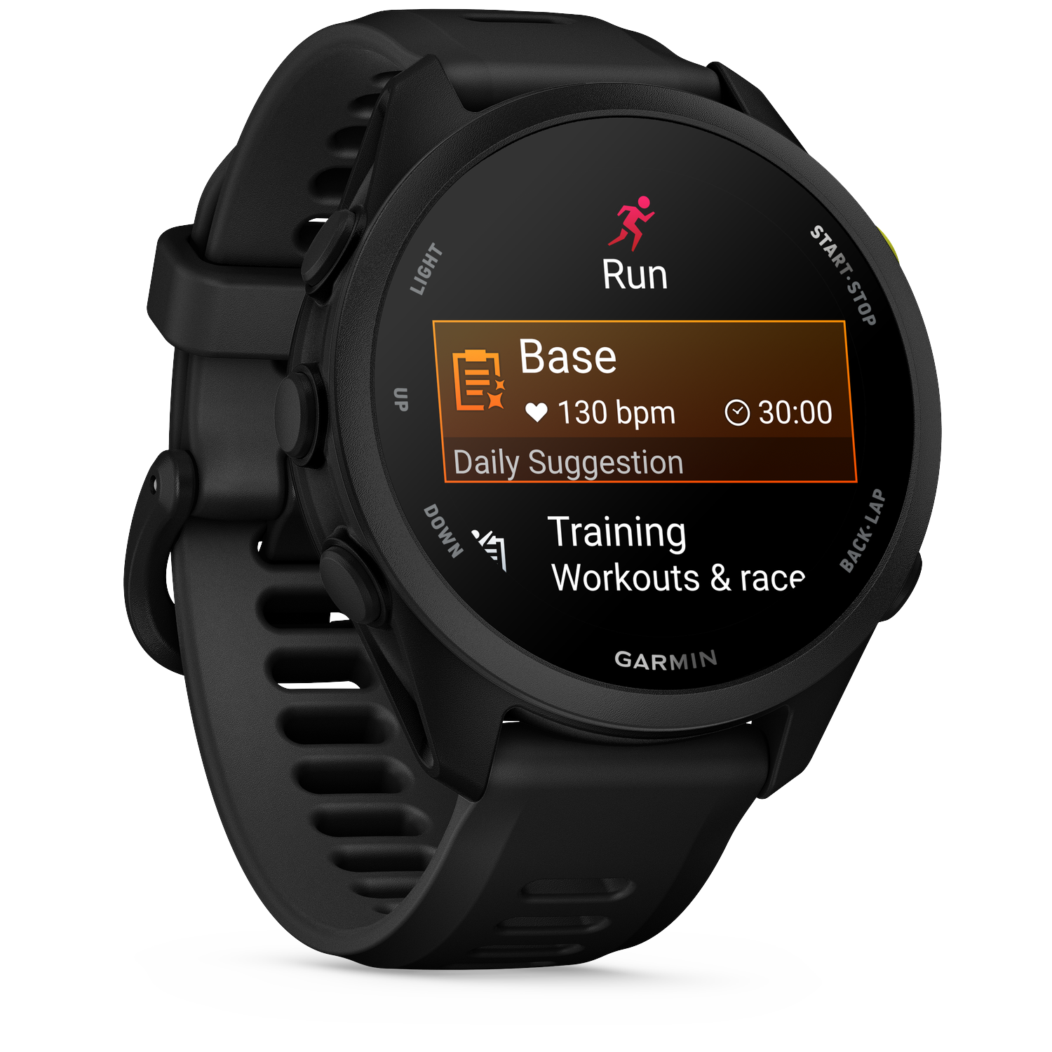 Black smartwatch showing running app with 130 bpm, 30 min.