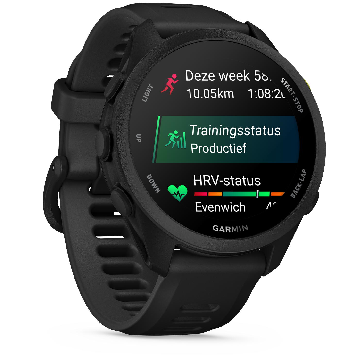 Black Garmin watch displays training status and HRV status.