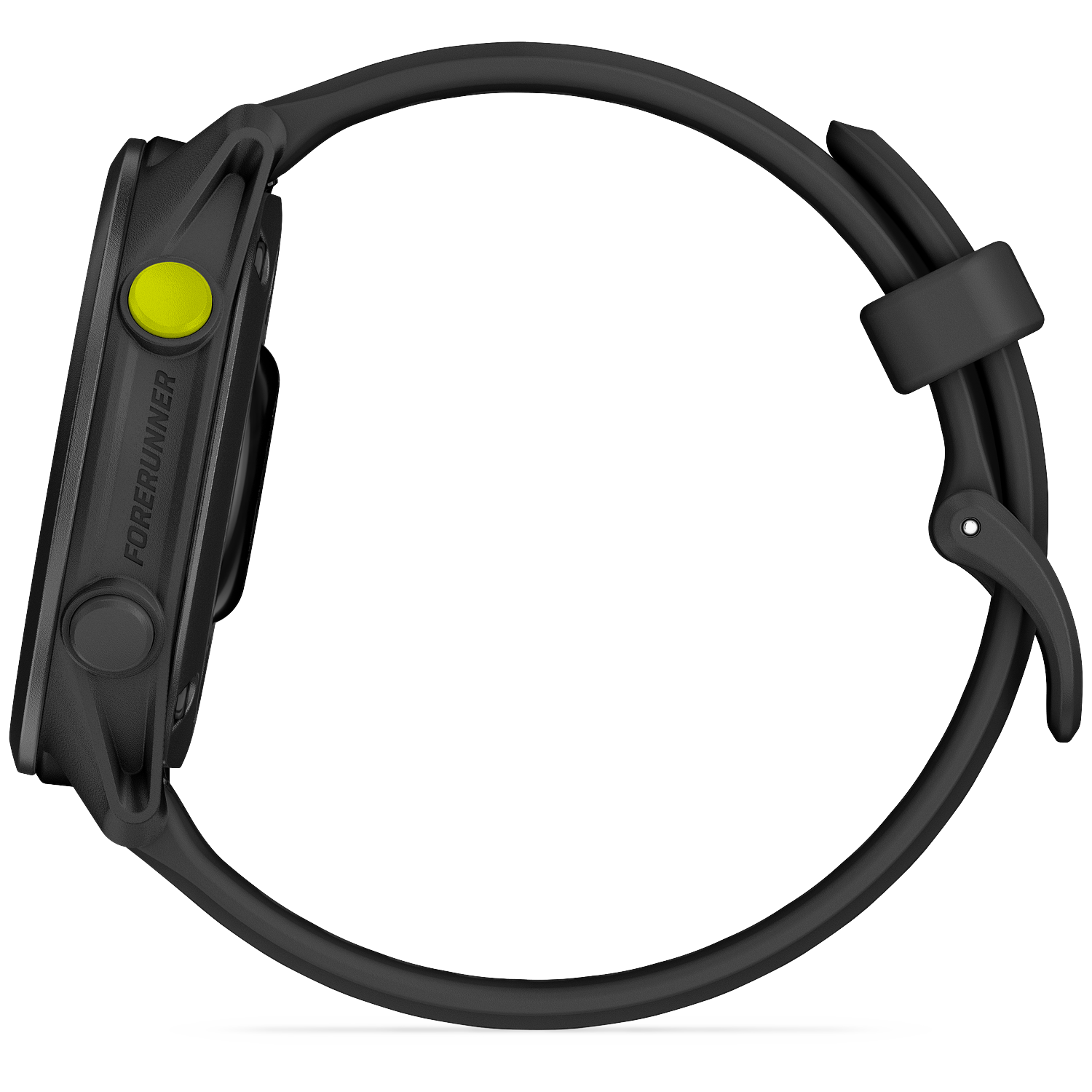 Black sports watch with a yellow button and "Forerunner" text.