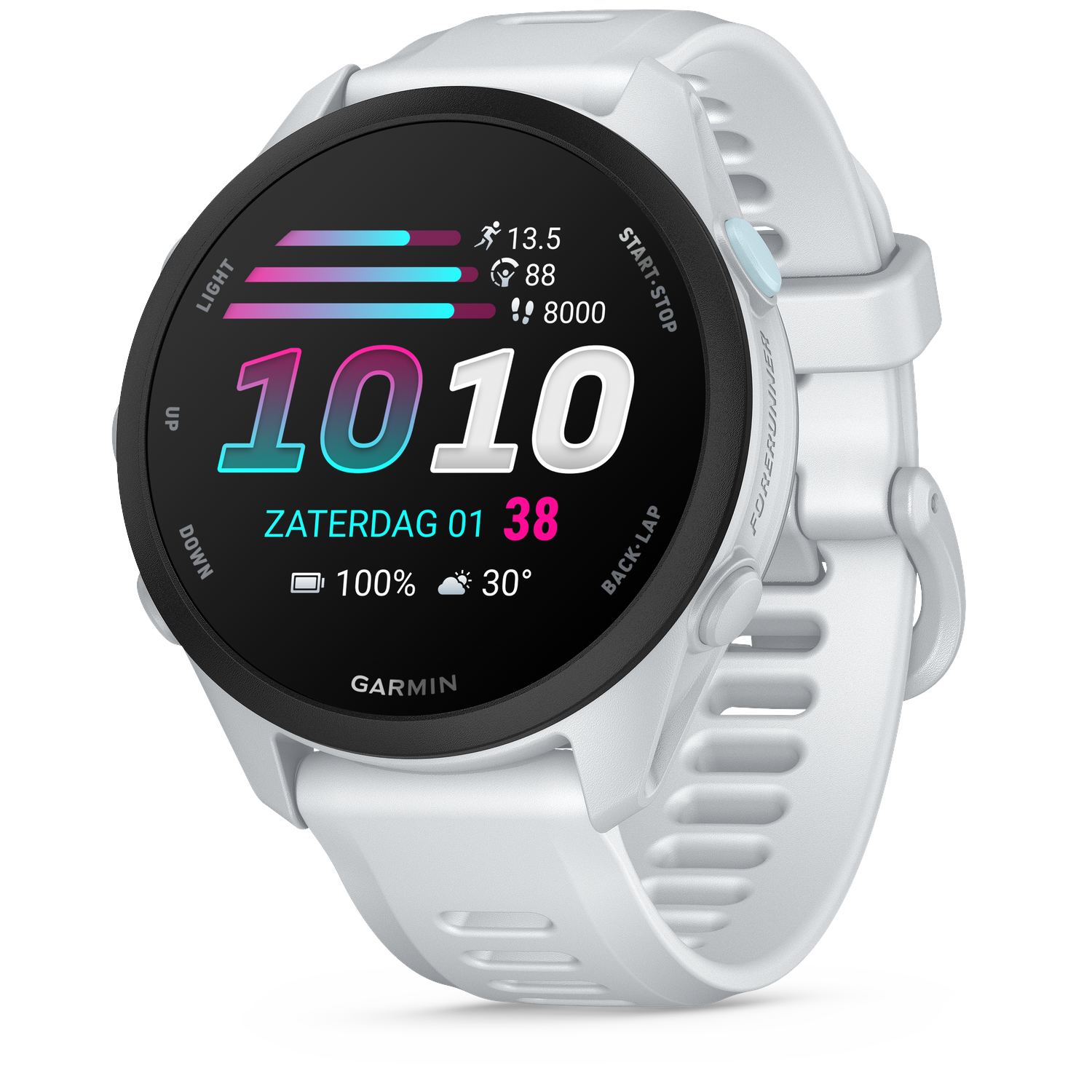 White Garmin Forerunner watch showing 10:10, 13.5 miles, 88 bpm, 8000 steps, 100% battery, 30 degrees.