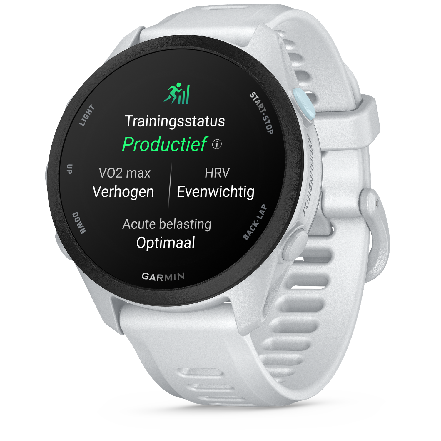 A white Garmin Forerunner smartwatch displaying training status 'Productive', VO2 max 'Increase', HRV 'Balanced'.