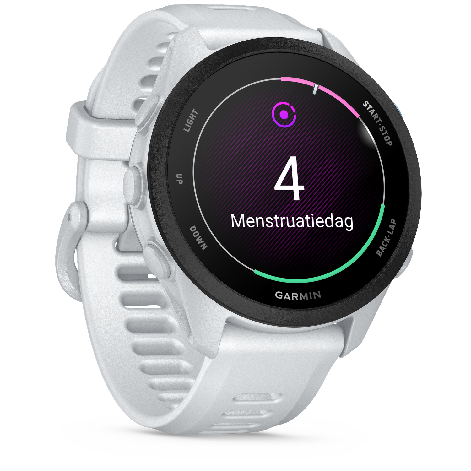 White Garmin smartwatch with a circular display showing day 4.