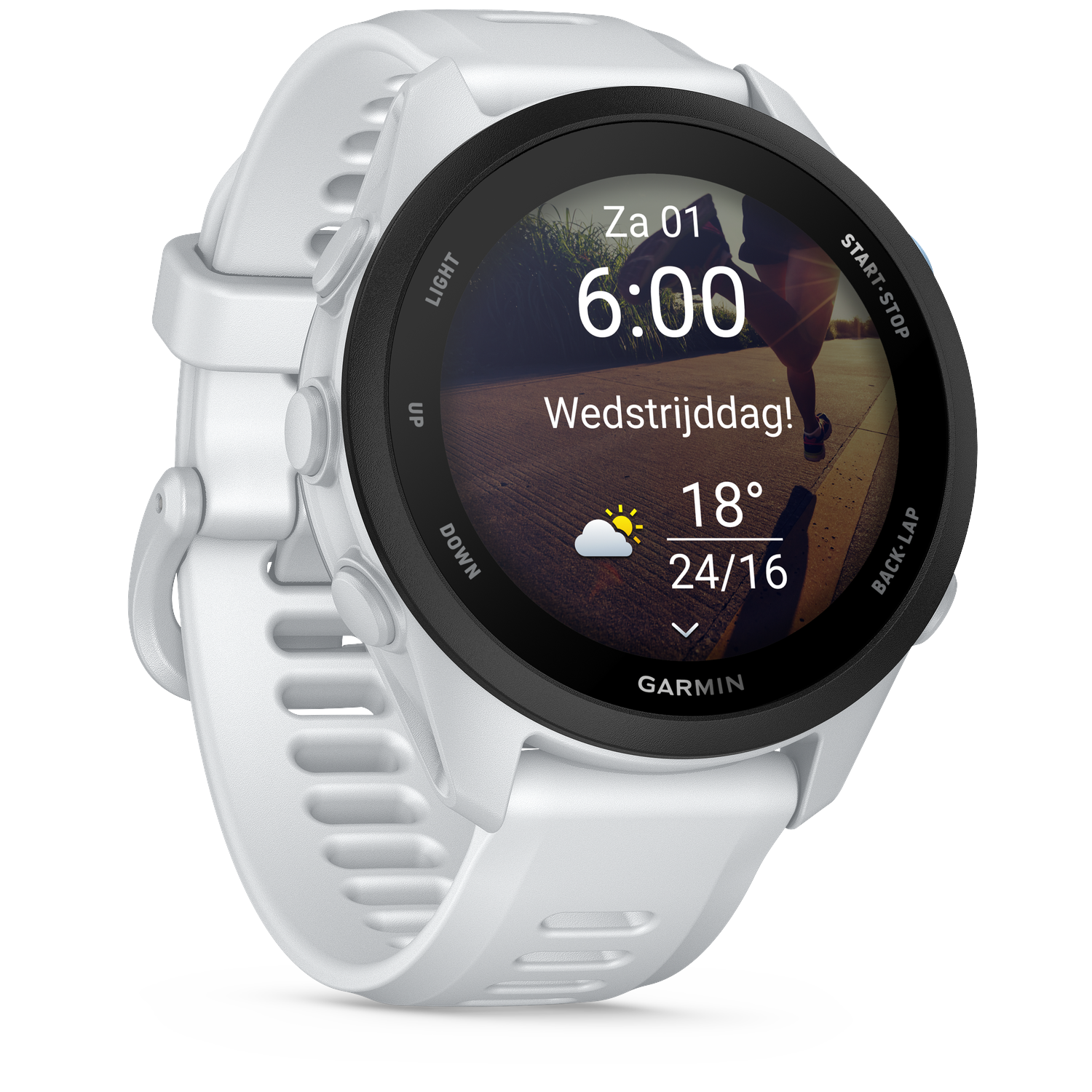White Garmin watch displays 6:00, weather, and a runner.