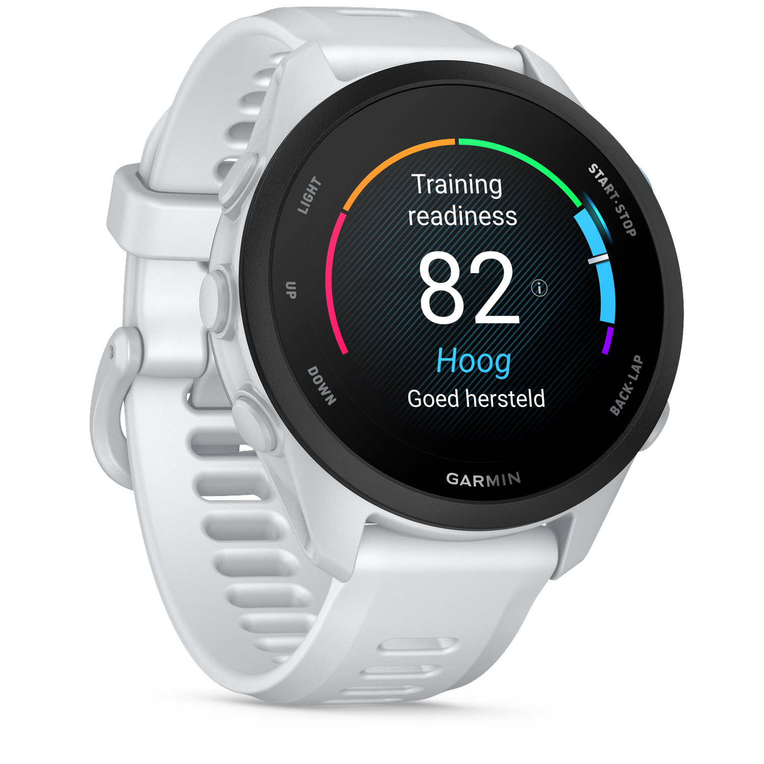 White Garmin watch displays 82% training readiness, high recovery.