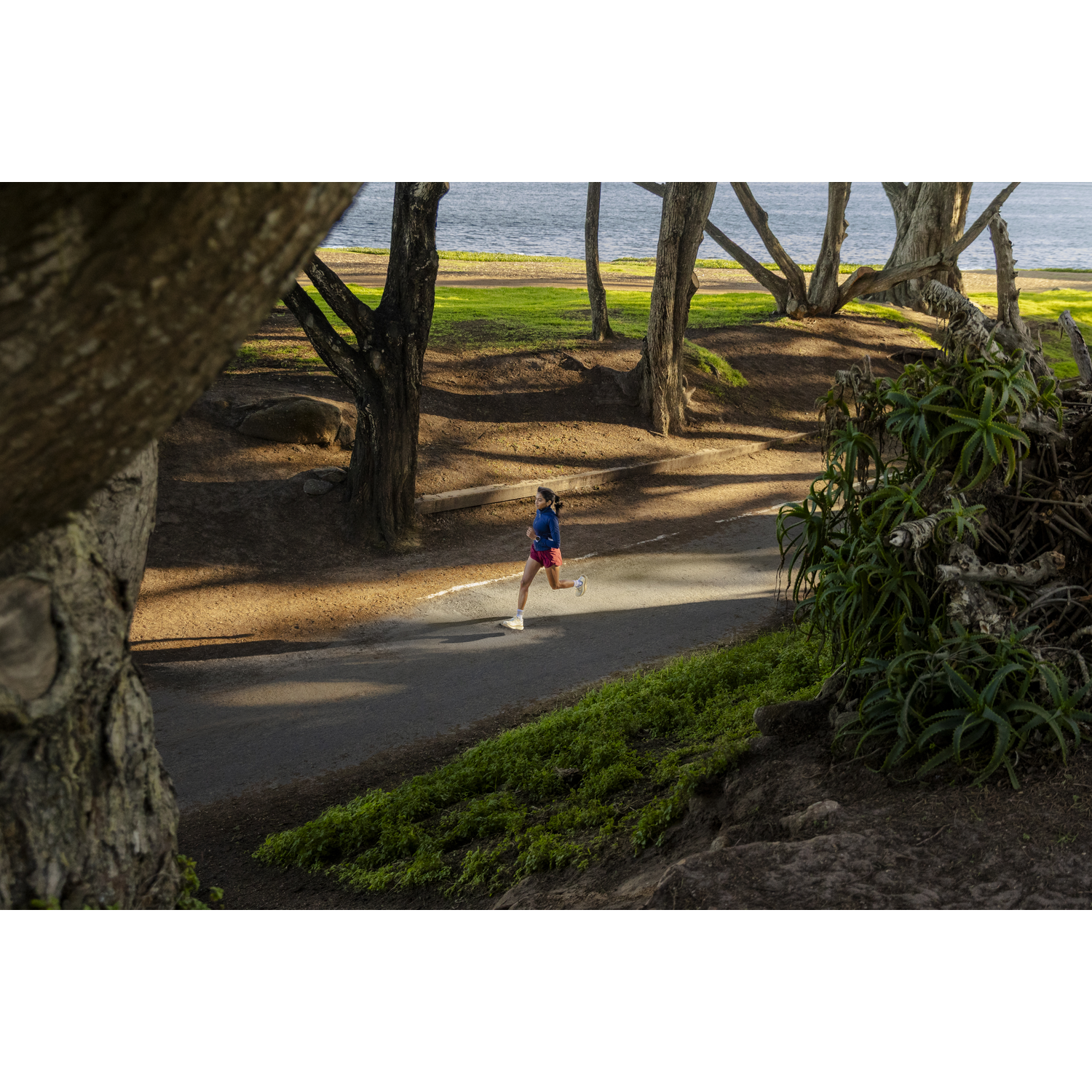 A woman jogs on a park path with trees and water in the background.