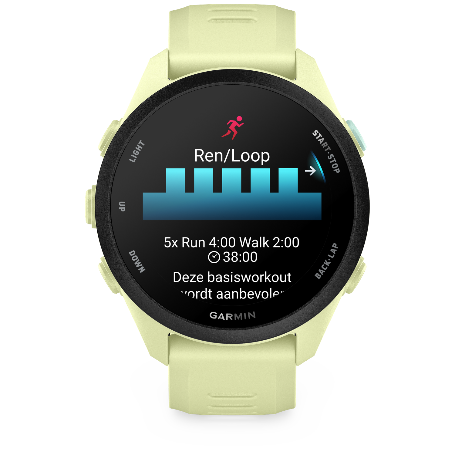 A yellow Garmin watch displays a running workout with 5x run, 4 min run, 2 min walk.
