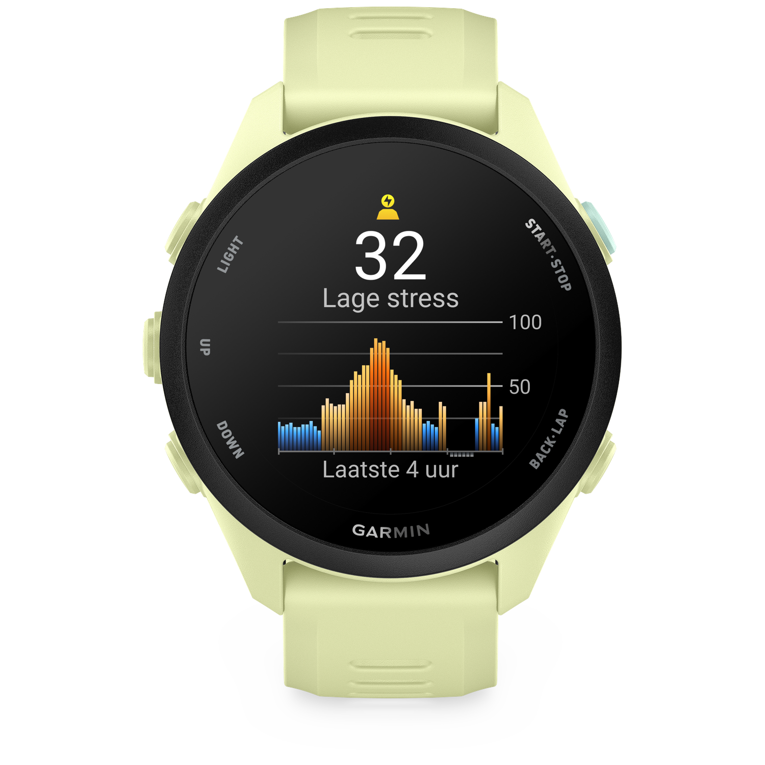A pale yellow smartwatch with a dark screen showing a stress level of 32.