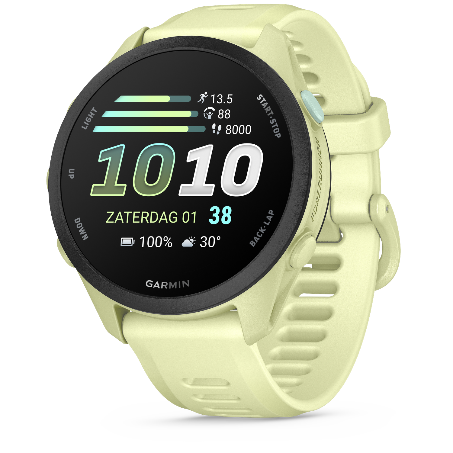 A pale yellow Garmin Forerunner watch displays 1010, battery 100%, 30 degrees.