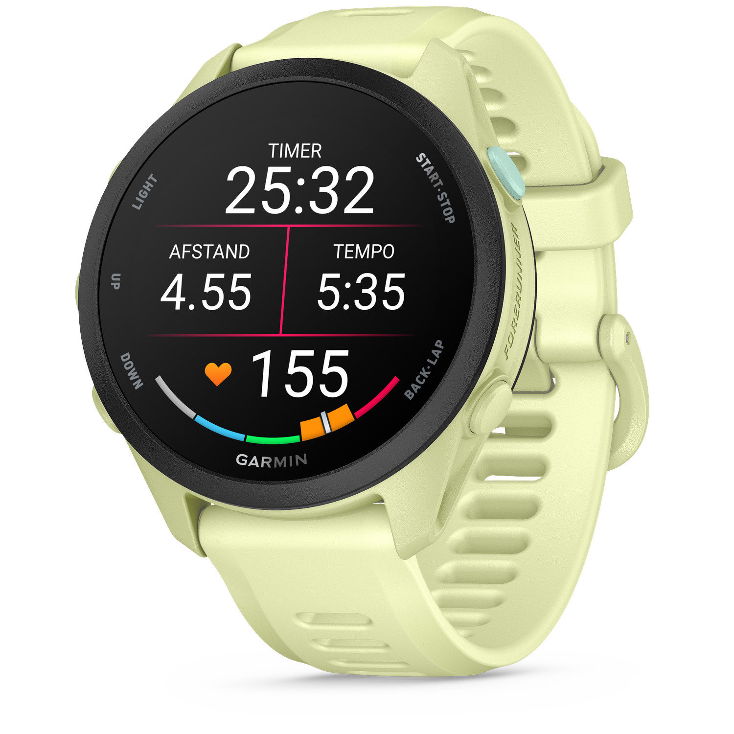 A light yellow Garmin Forerunner watch with a black screen showing timer, distance, tempo, and heart rate.