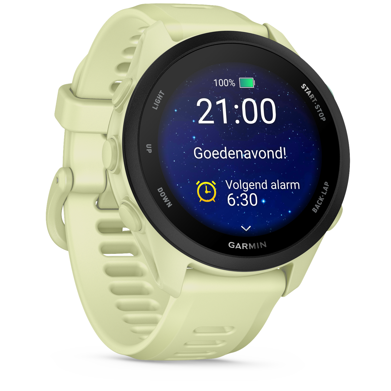 A light yellow Garmin watch shows 21:00, 'Good evening!', and alarm at 6:30.