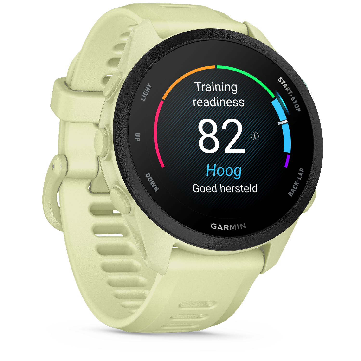 A light yellow Garmin watch displays training readiness score of 82.