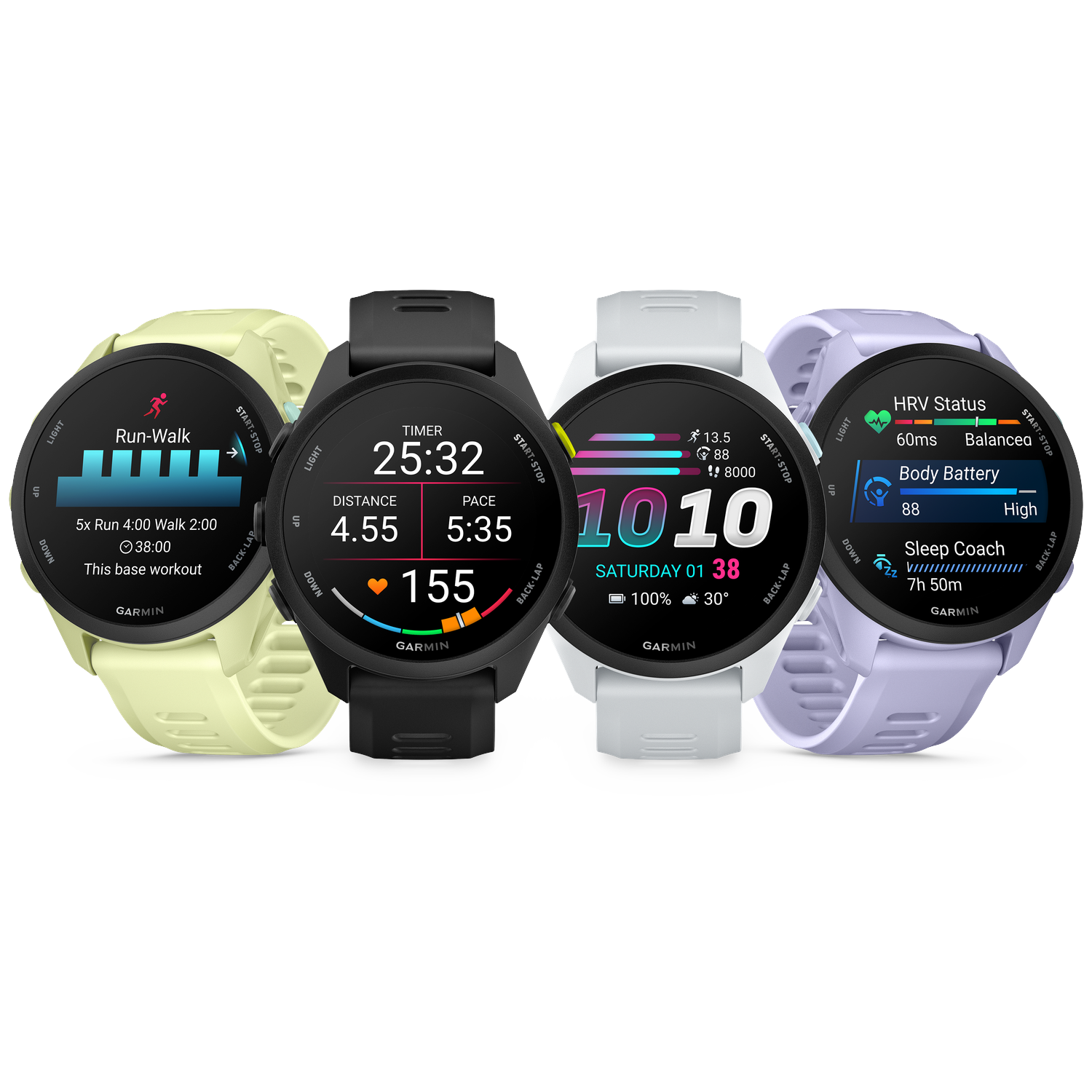 Four Garmin watches in yellow, black, white, and purple, displaying different workout and health stats.