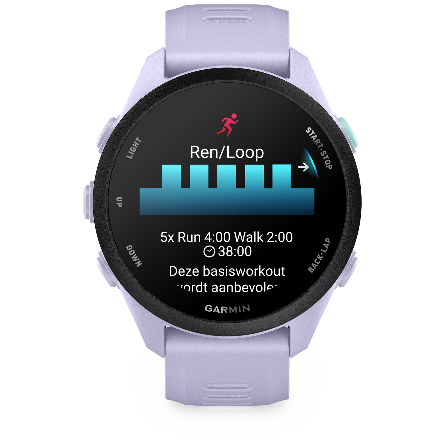 A light purple Garmin smartwatch displays a run workout plan with a bar chart.