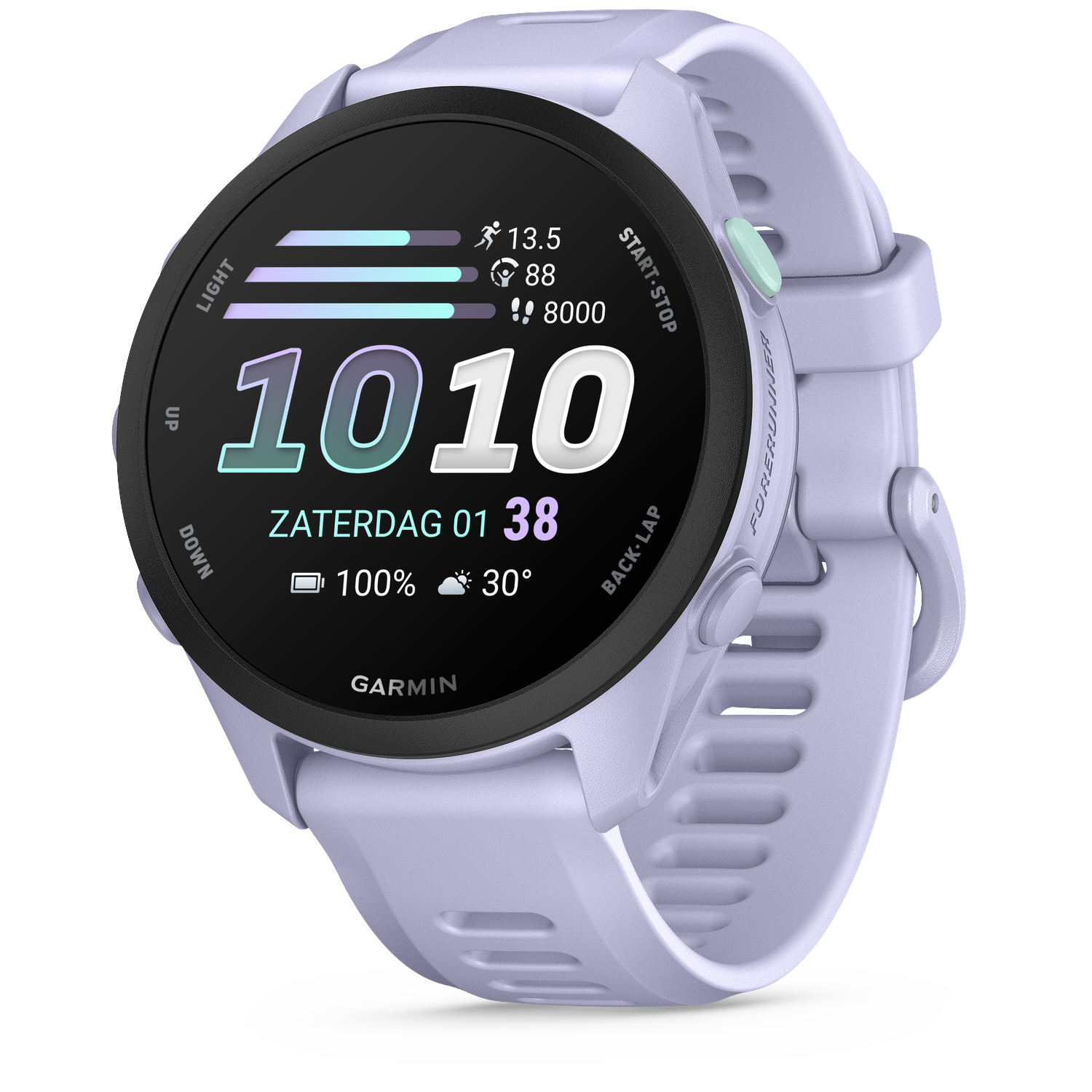 Purple Garmin Forerunner smartwatch displaying: 1010, date, battery, temperature.