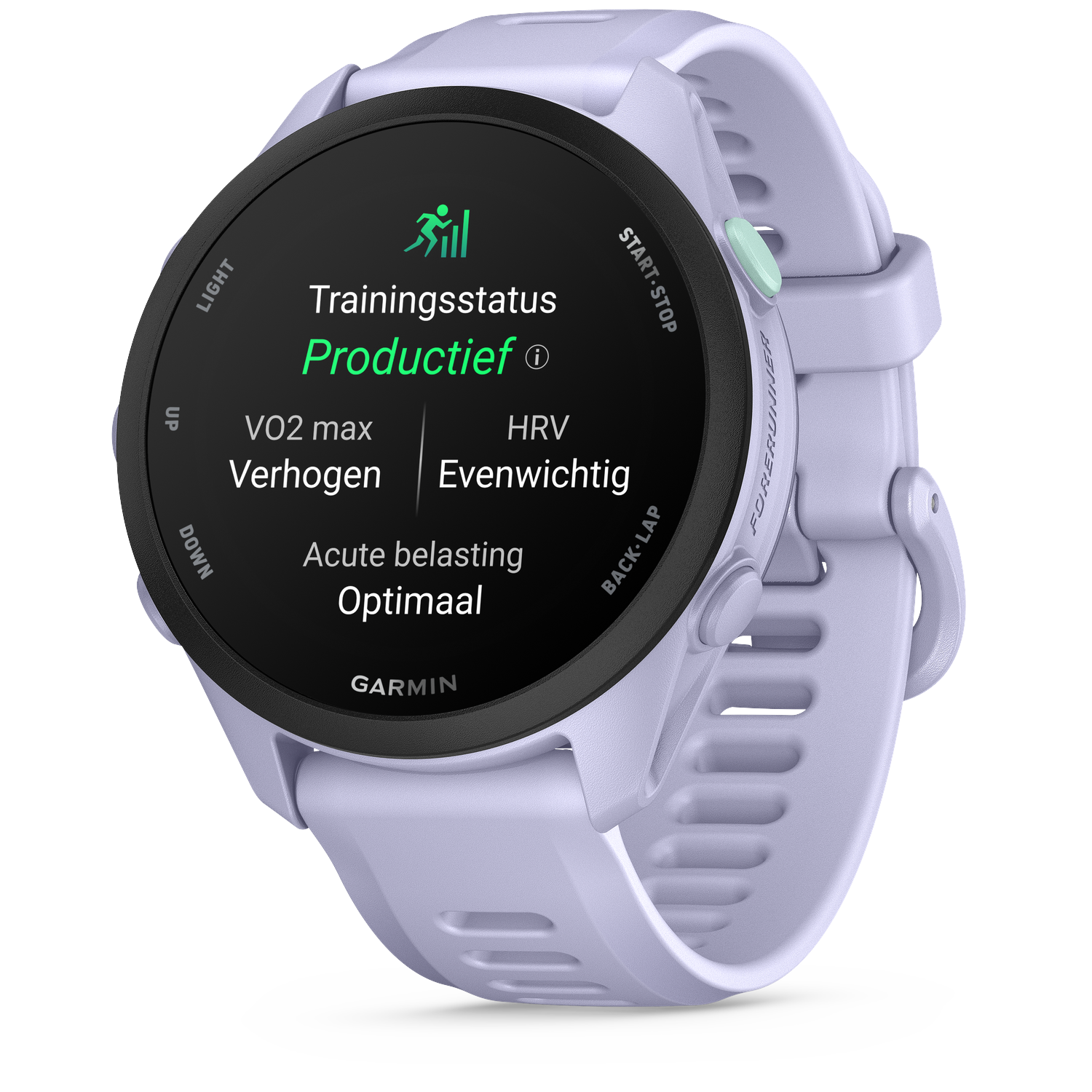 A light purple Garmin Forerunner watch displays training status: Productive, VO2 max increasing, HRV balanced.
