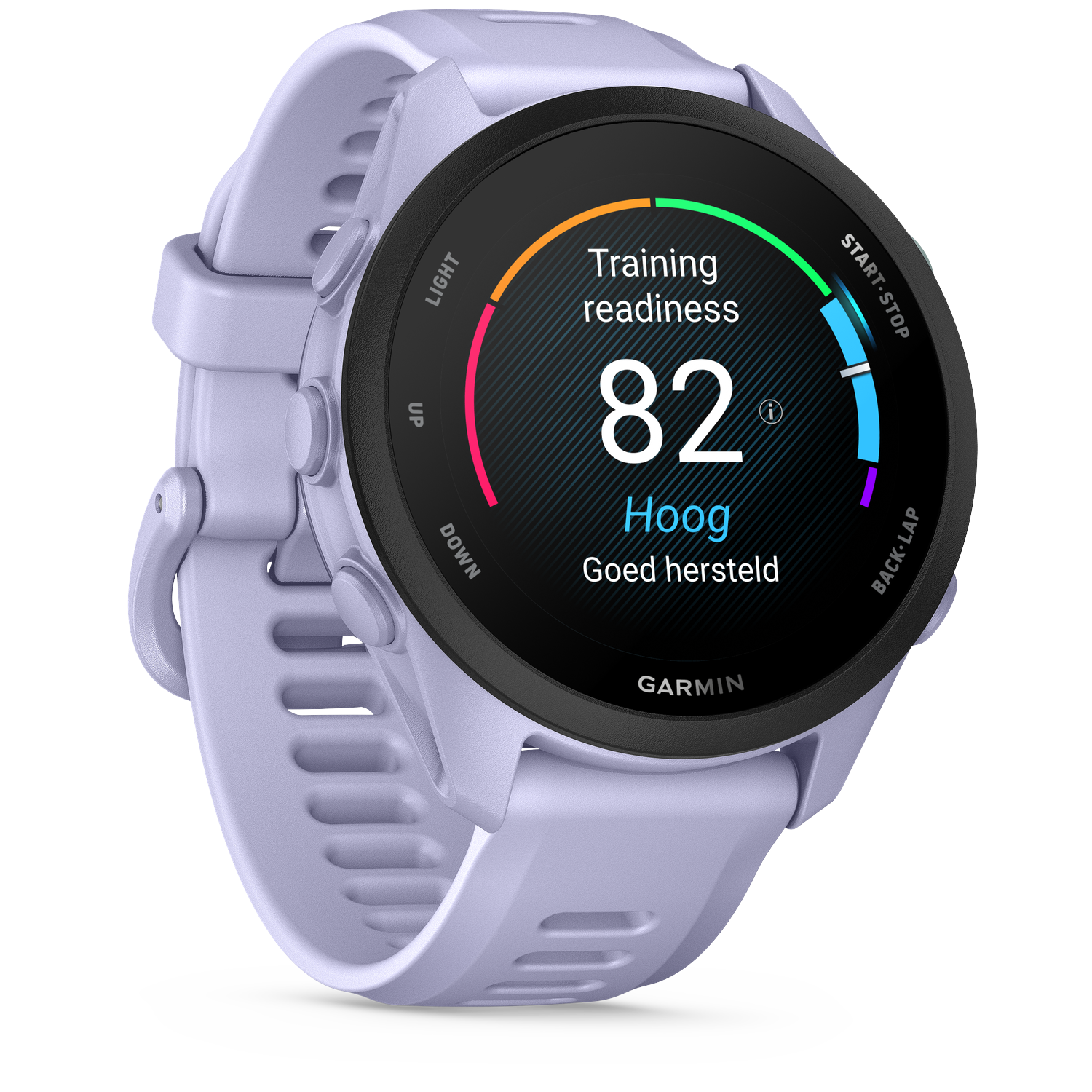 A purple Garmin smartwatch displays Training readiness 82, Hoog, Good recovery.