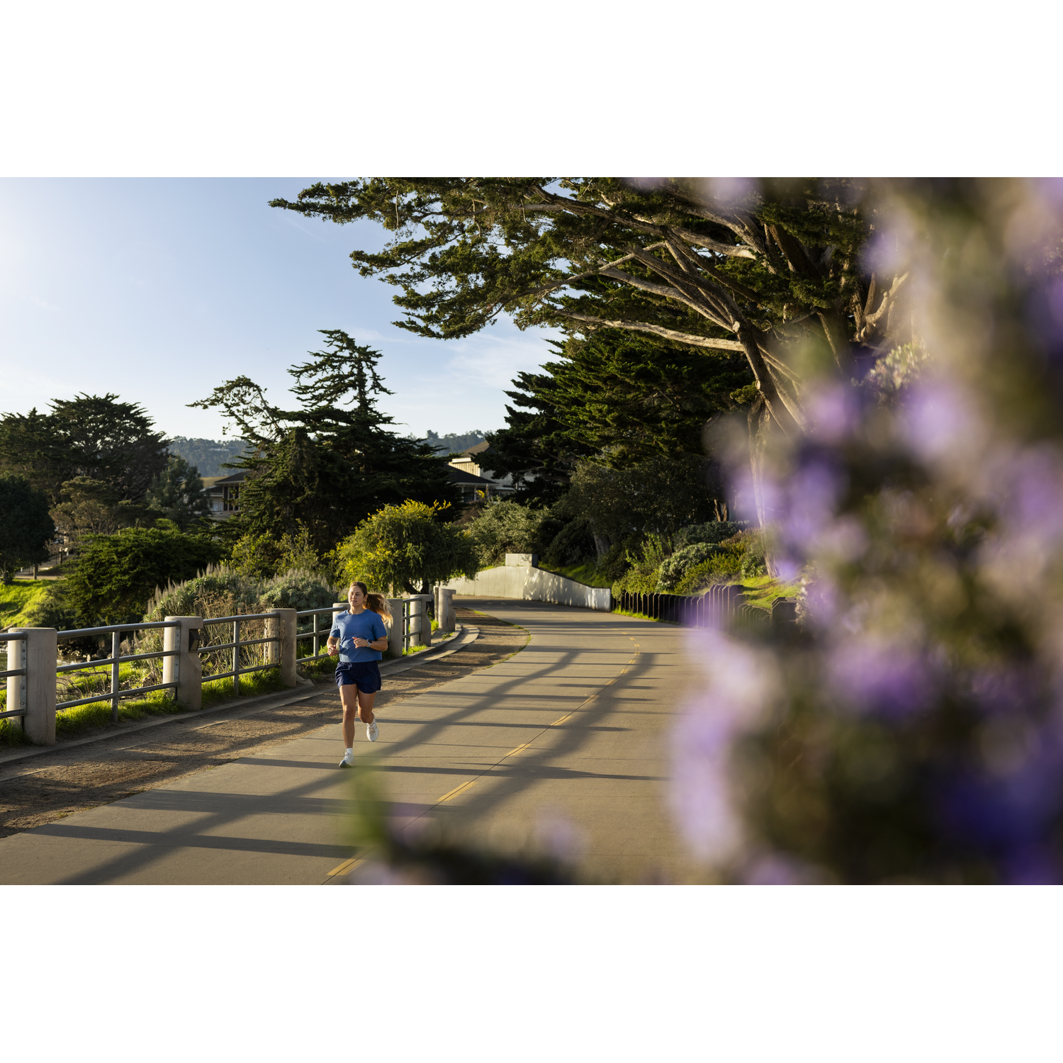 A woman runs on a path next to a road. Trees and purple flowers in the foreground.