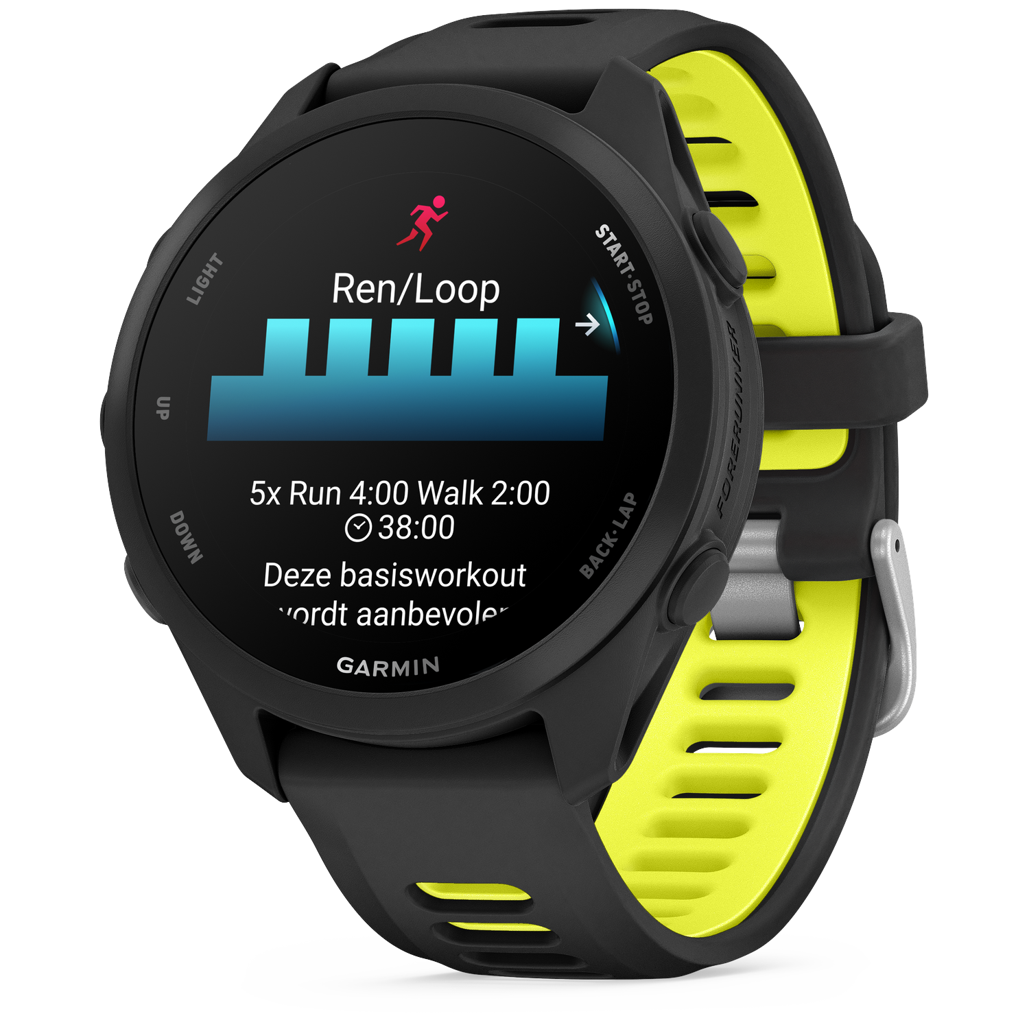 Black Garmin sports watch with yellow band, displaying workout details.