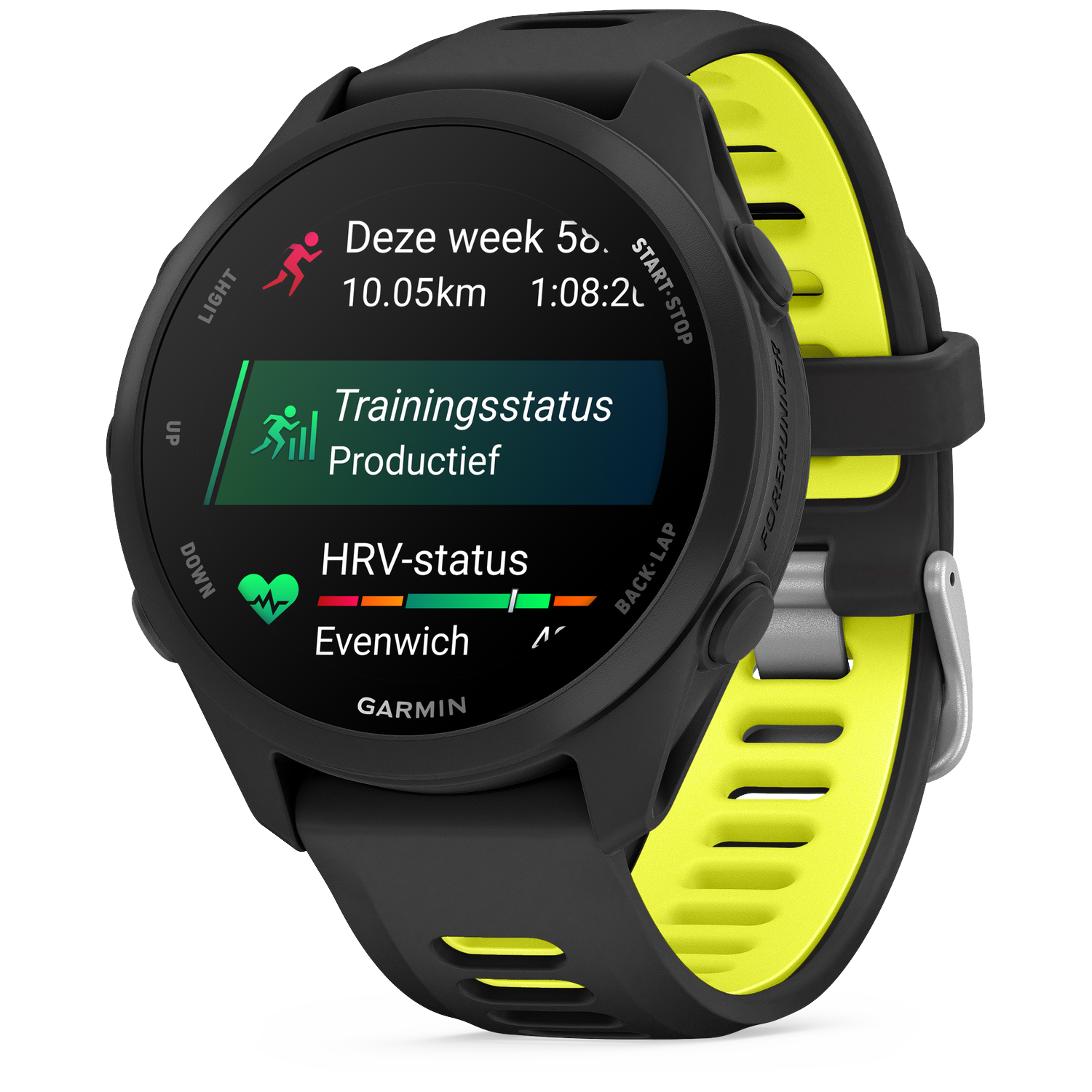 A black smartwatch with a yellow band displays training data.