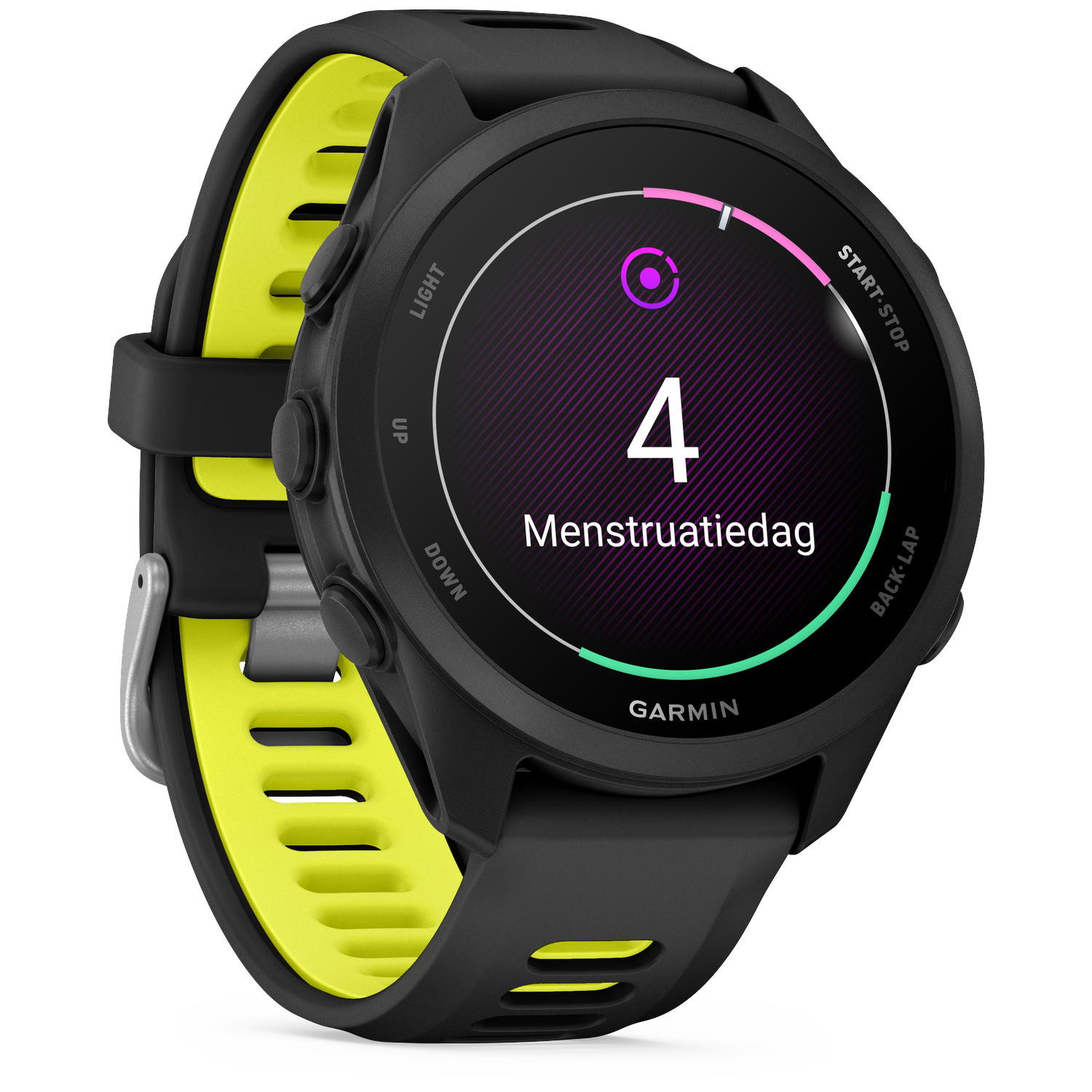 Black Garmin watch with yellow band displaying menstrual cycle day 4.