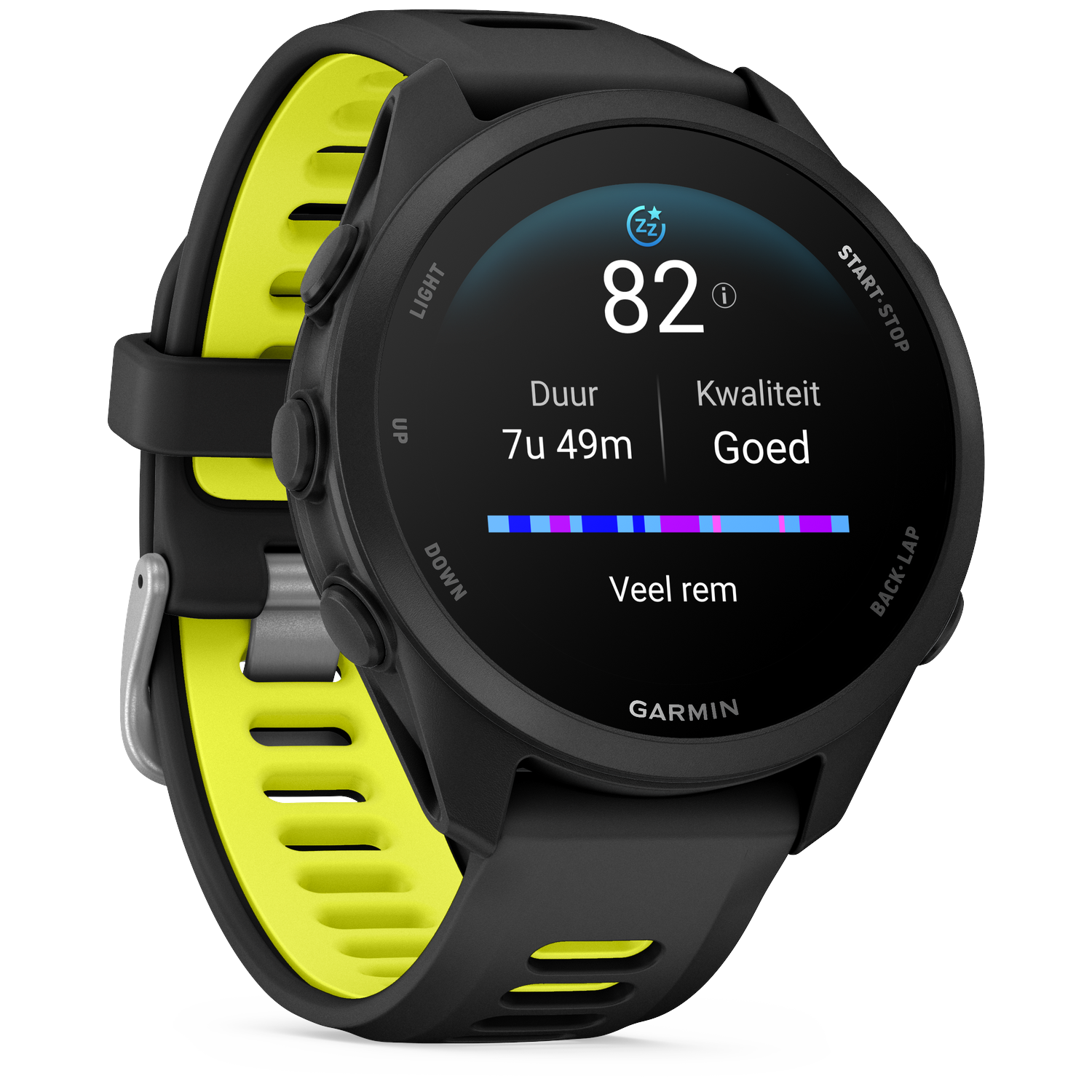 A black Garmin smartwatch with yellow accents displaying sleep data.