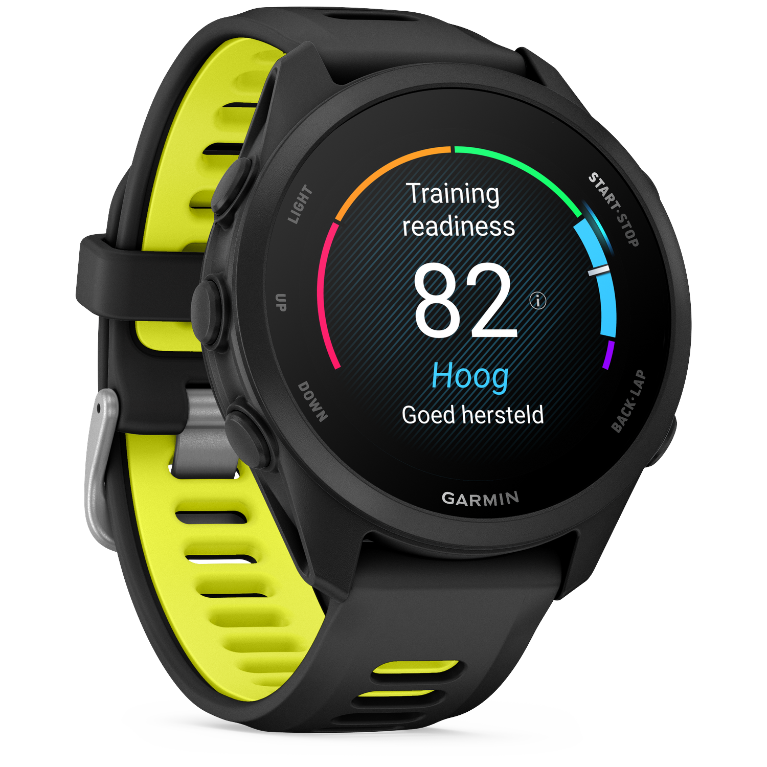 Black Garmin watch with a neon yellow band. Screen shows training readiness score of 82.