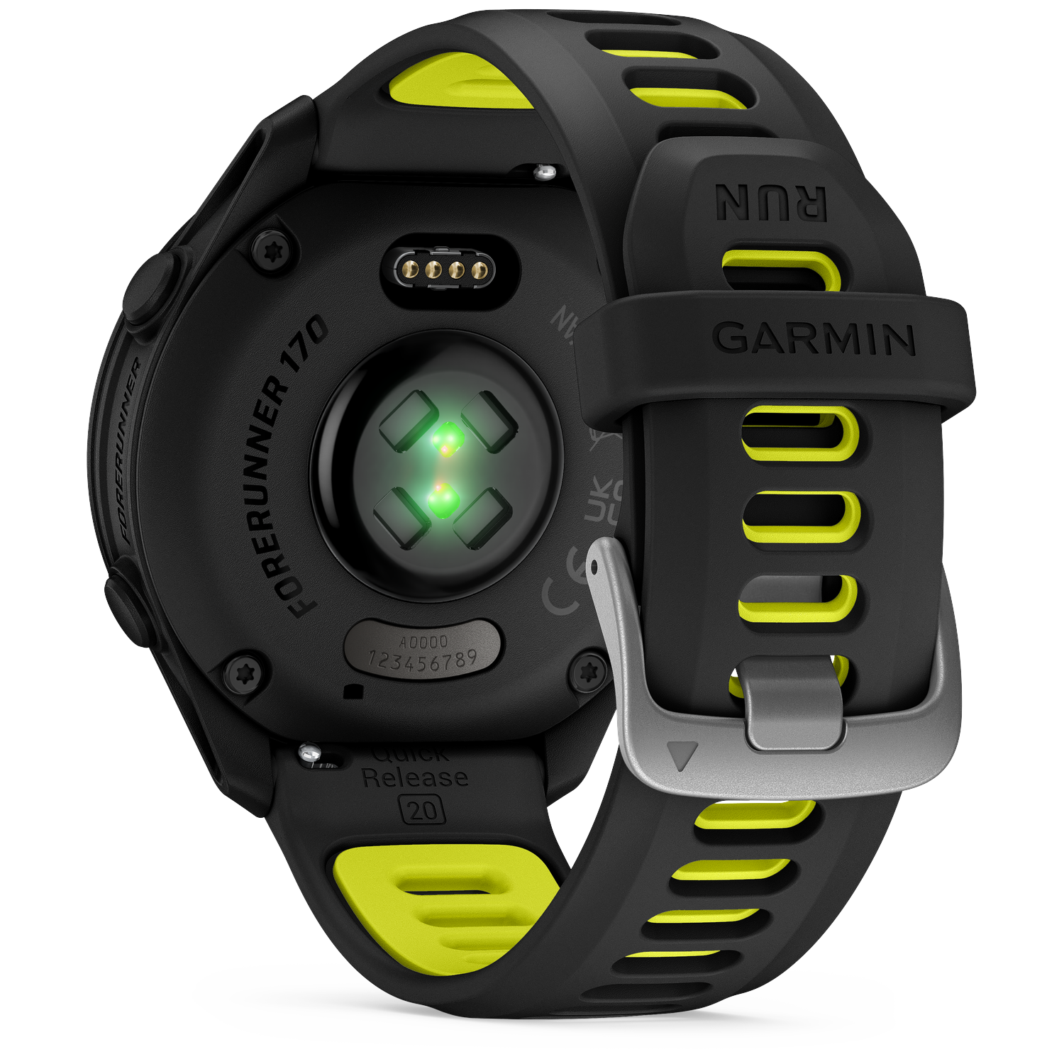 Back of a black Garmin Forerunner 170 watch with heart rate sensor and yellow accents.