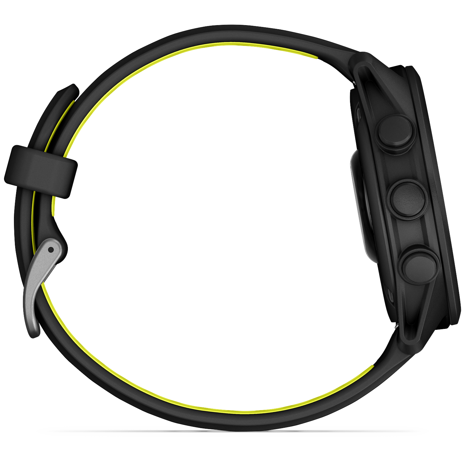 Black smartwatch with a yellow accent line and silver buckle.