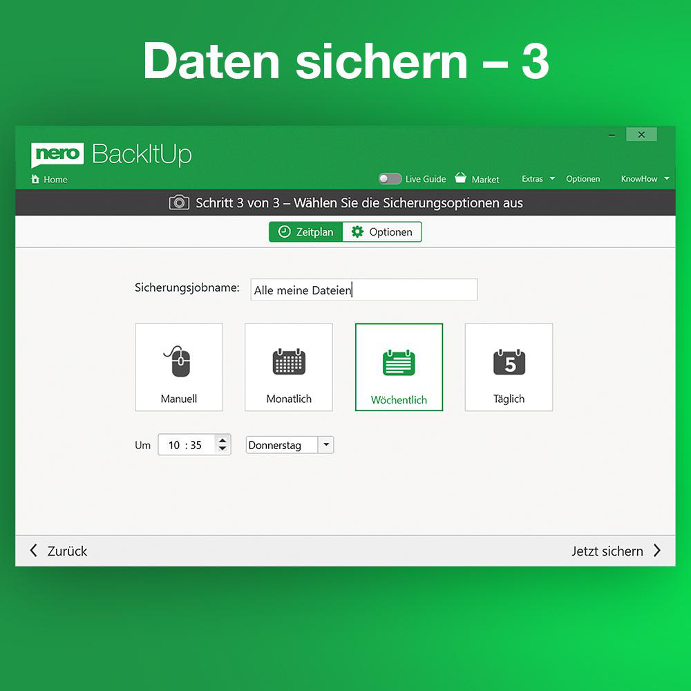 Backup-Software: Auswahl der Sicherungsoptionen: Manuell, Monatlich, Wöchentlich, Täglich.