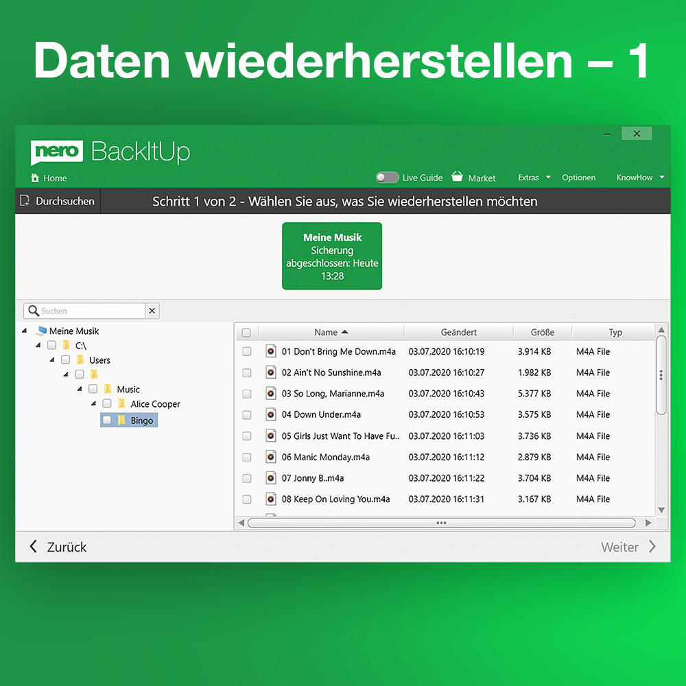 Nero BackItUp Fenster zeigt Musikwiederherstellung mit Dateiliste.
