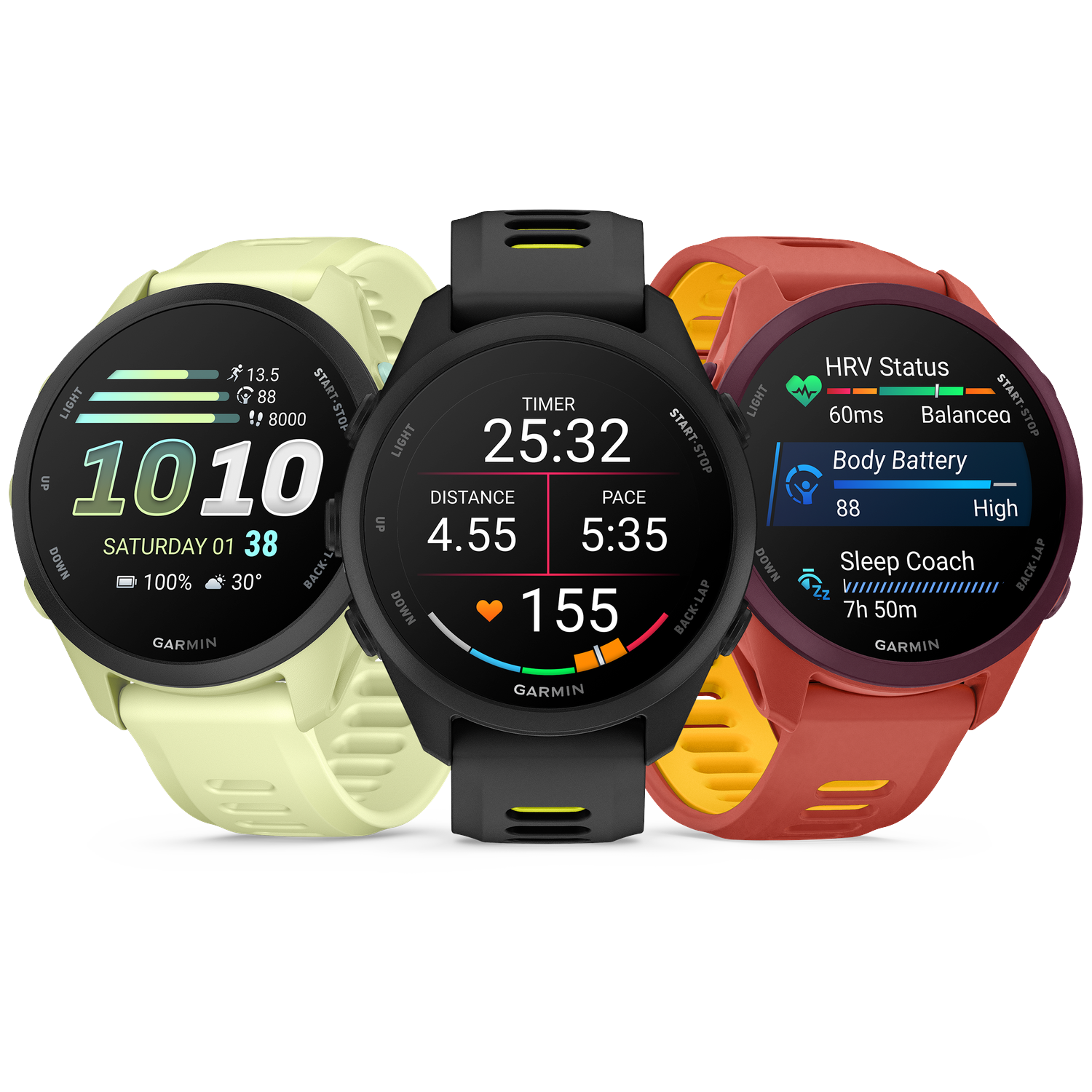 Three Garmin smartwatches in yellow, black, and red, displaying different watch faces.