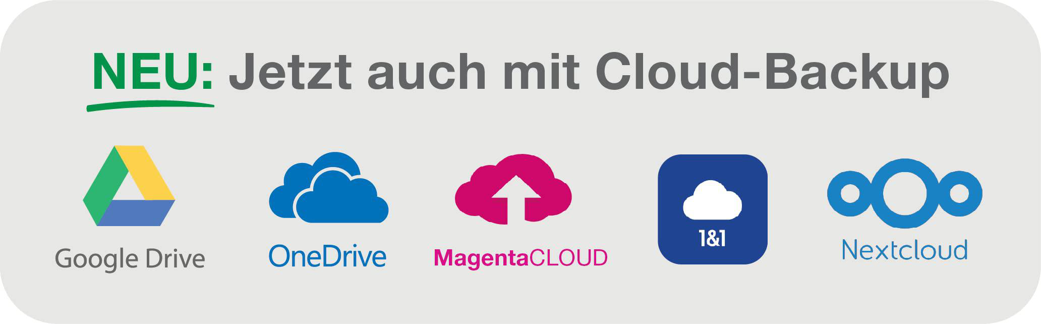 NEU: Jetzt auch mit Cloud-Backup. Logos von Google Drive, OneDrive, MagentaCLOUD, 1&1 und Nextcloud.