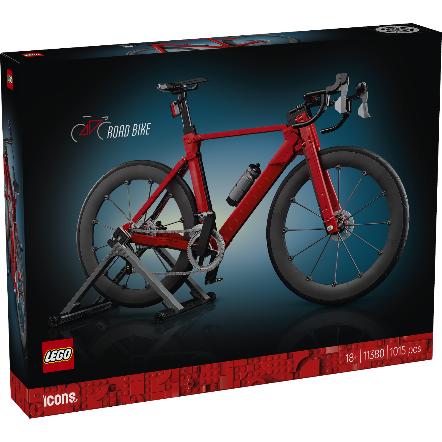 Rode Lego racefiets set op een standaard, met een bidon.