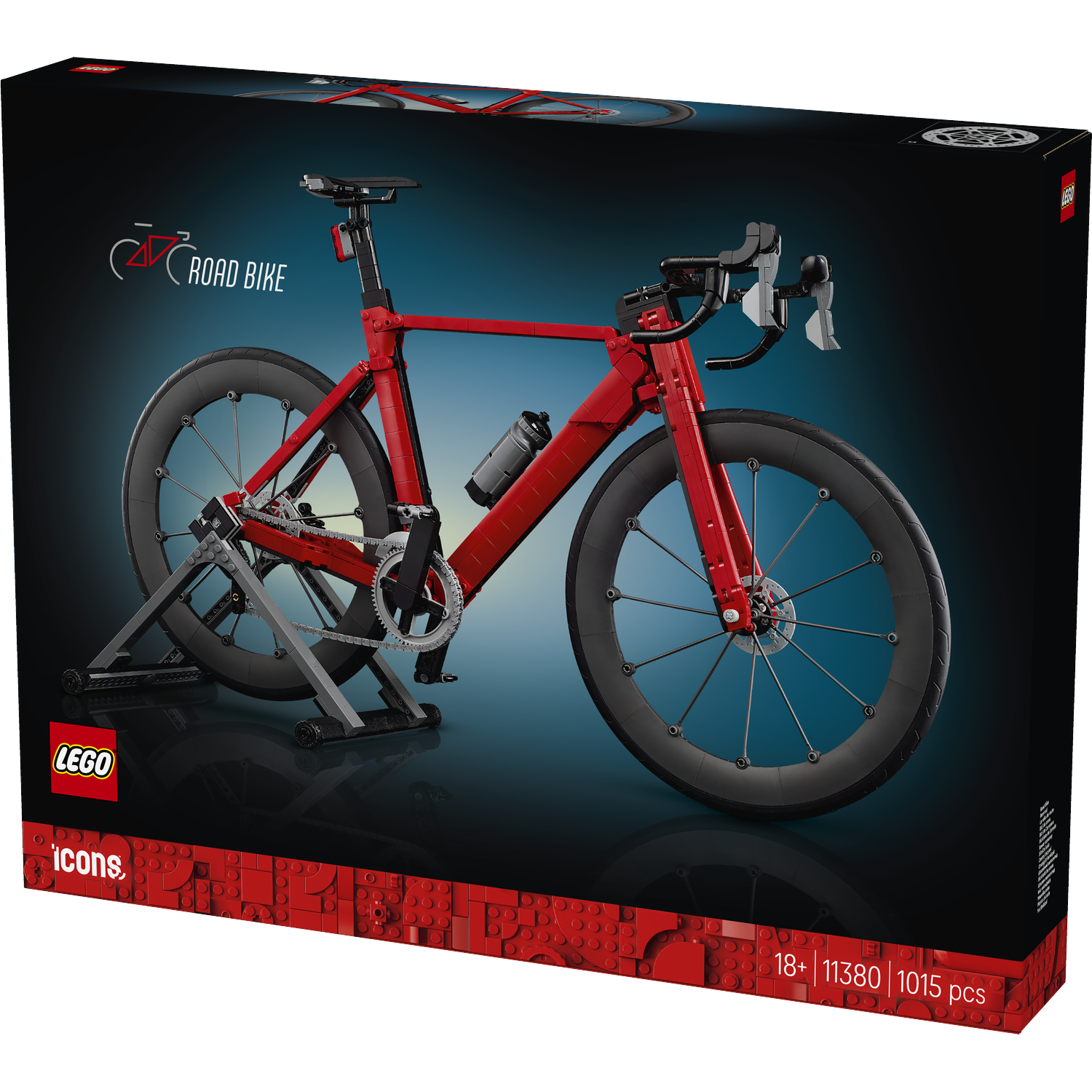 Rode LEGO racefiets set op donkere achtergrond met "Road Bike" tekst.
