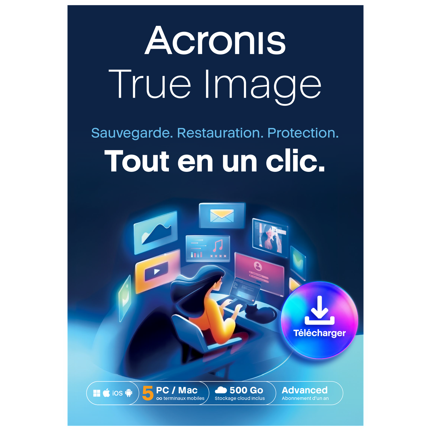 Acronis True Image: Vrouw bij laptop, veel iconen, downloadknop en abonnementsinfo.